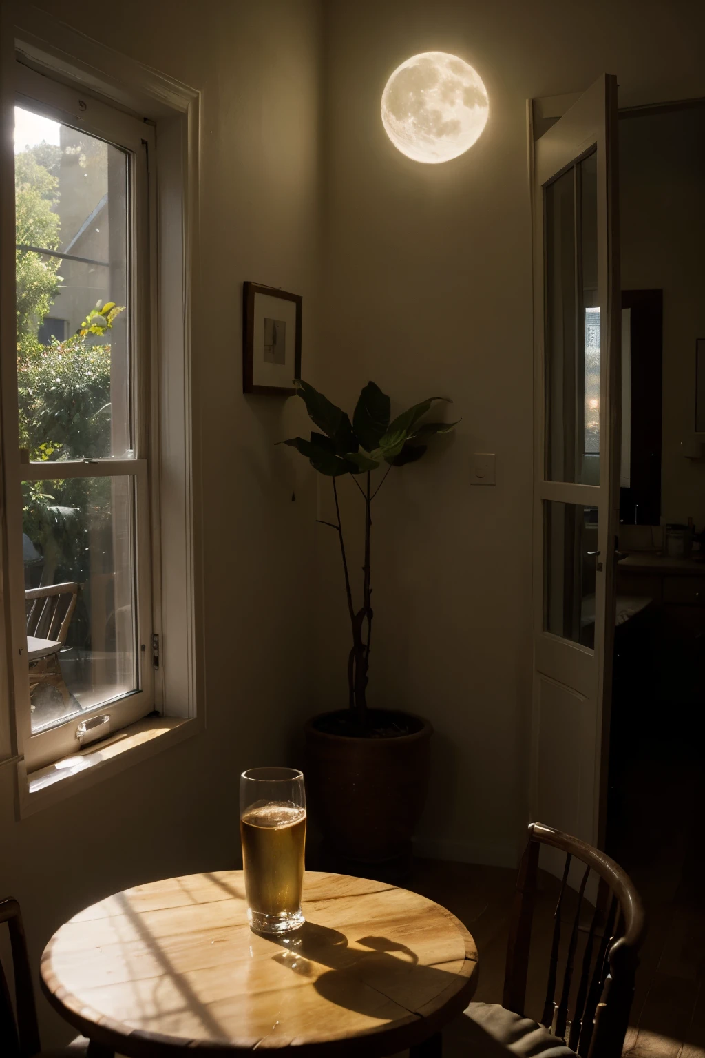 a room with dim light where you can see a table with leaves, una pluma fuente y una copa de vino . en el fondo una ventana abierta con cortinas ondeantes y la luna llena en tono sepia