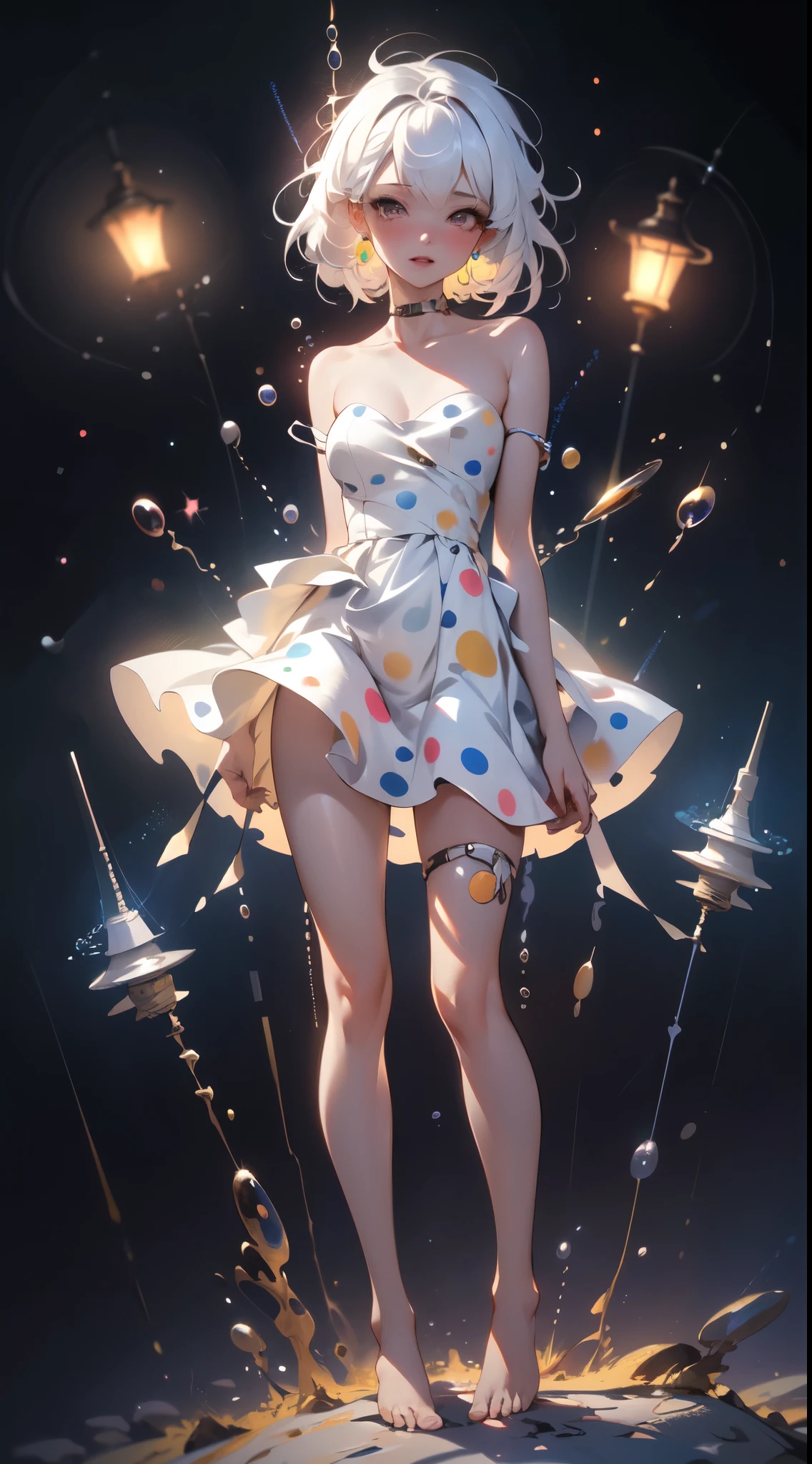 (masterpiece, Best quality:1.2), (ultra-detailed),(lamplight), Wallpapers, Original,
1 girl with messy White Hair, thin shoulder strap, White dress, Bareleged, Barefoot, Naked arms, space, Earth background, Low Earth orbit,
,(Surrounded by colorful spots and polka dots),Colorful bubbles,(Shiny)