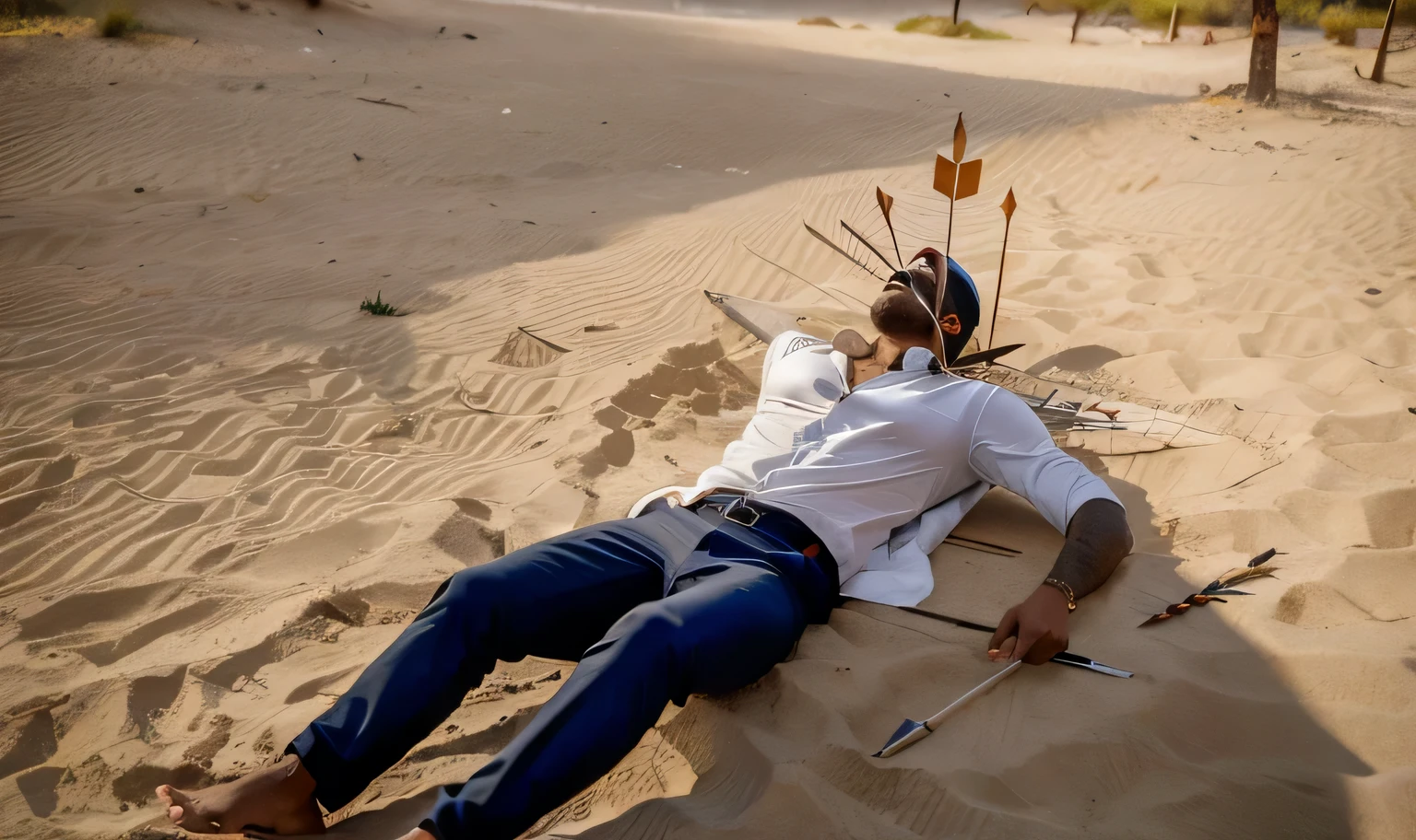 Man lying on the ground, with Indian arrows piercing the back, em uma ilha deserta, fallen man, homem cor de pele branca, dress pants, camisa branca, flechas perfurando as costas, arrows piercing the head, cor de pele branco, homem magro