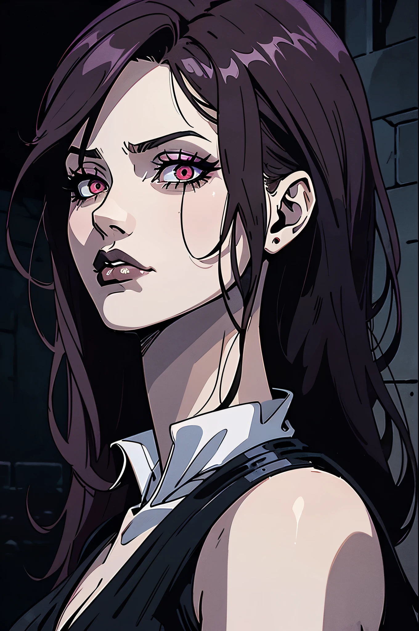 (best quality,4k,8k,highres,masterpiece:1.2),ultra-detailed,(realistic,photorealistic,photo-realistic:1.37),goth anime girl,90s anime,gothic,1woman,dark church,red eyes,dark ambient,low saturation,anime style,pale skin,long flowing hair,gothic clothing,silhouette,surreal background,mysterious atmosphere,intense emotions,melancholic expression,dim candlelight,lens flare,dramatic shadows,symbolic elements,heavy makeup,pale and dark colors,misty fog,ethereal beauty,subtle texture