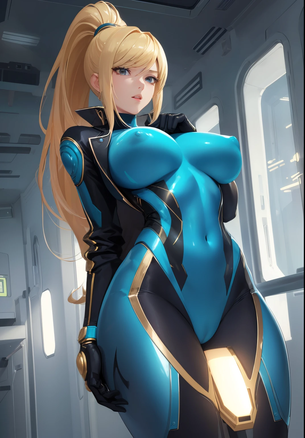 ((jacket lift、shirt lift、nsfw)),((big breasts、shiny skin:1.4、nipples are visible)),(nipples peek:1.1),(anime,masterpiece, highest quality, highest quality,beautiful and aesthetic:1.2,professional illustration:1.1,ultra detail:1.3, official art, professional illustration, Super detailed depiction, Super precise depiction, Highly detailed 8K illustrations, High resolution, ultra detailed painting, soft shadow), (girl), Samus Aran, cool beauty, mature woman, (golden long hair), (ponytail), big breasts, perfect body, pubic hair, blue Samus Aran suit,Inside a spaceship attacked by aliens、