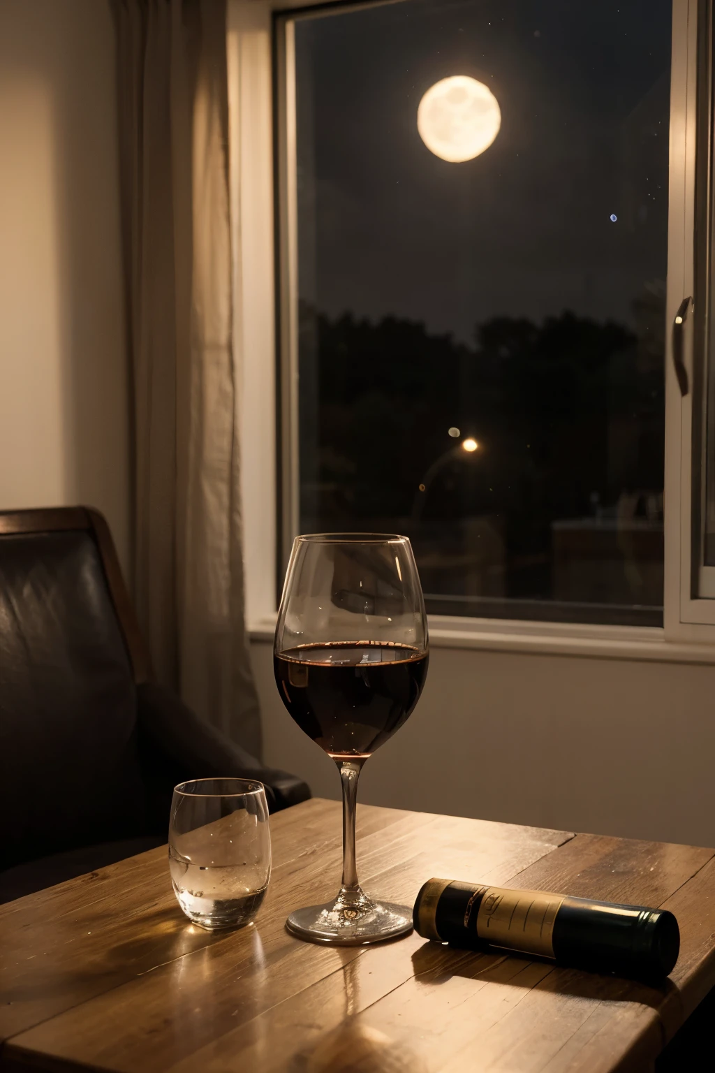 una mesa con hojas, una pluma fuente y una copa de vino . en el fondo una ventana abierta con cortinas ondeantes y la luna llena en tono sepia