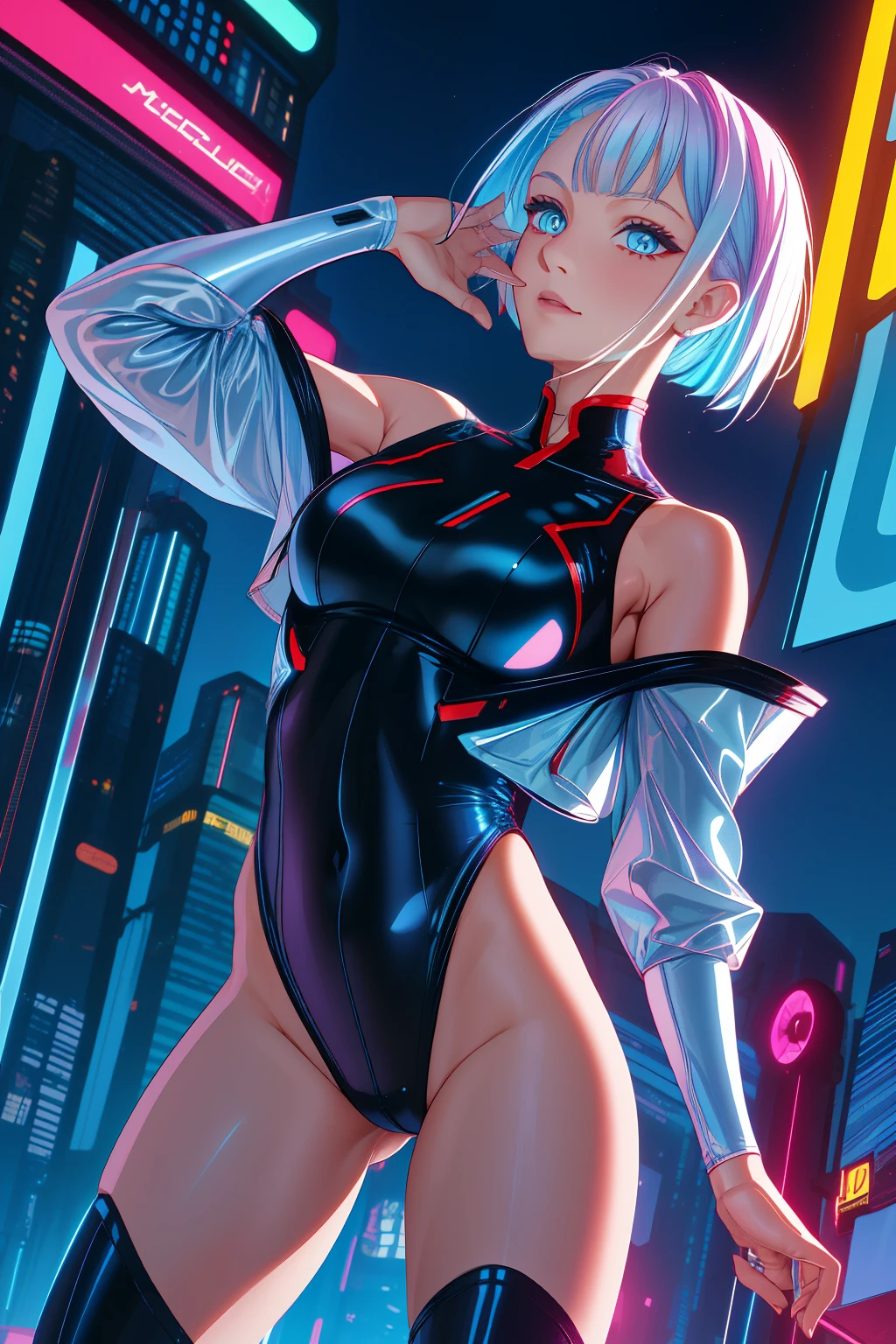 cyberpunk edgerunners, 1girl, lucy \(cyberpunk\), bare shoulders, blue eyes, breasts, leotard, looking at viewer, medium breasts, off-shoulder jacket, off shoulder, red eyeliner, short hair, sleeveless turtleneck leotard, solo, turtleneck leotard, white hair, ((masterpiece))