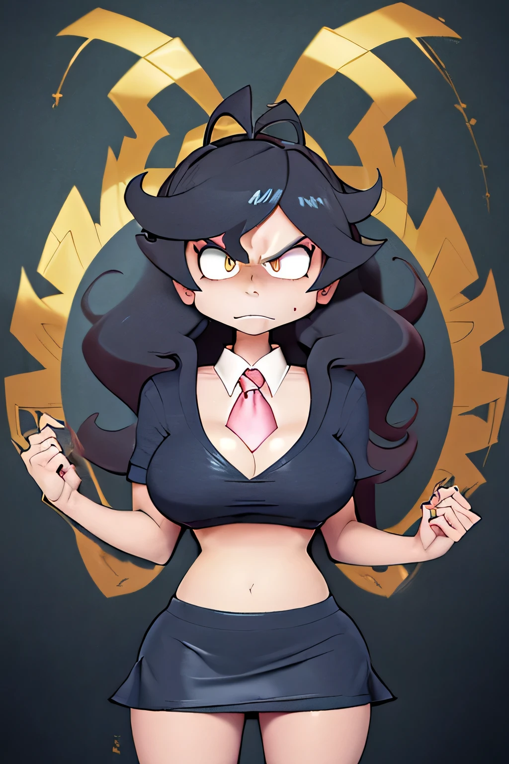 A conceited collegiate girl with a huge chest and curly hair with two tails, her eyes are yellow and her face is angry with rejection in a bad honest mood and she is wearing a gray school shirt and a red tie and underneath is a shiny black skirt and she is wearing a pair of sneakers and carrying a power tornado galactic in your hand power 