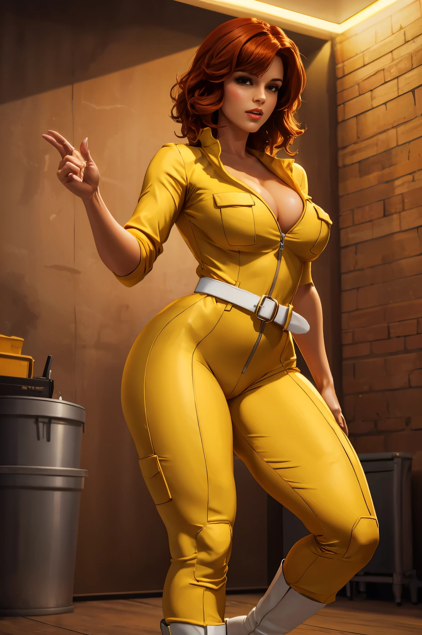 The prompt for the sexy depiction of April O'Neil from the age Mutant Ninja Turtles should be as follows:

April O'Neil in a sultry pose, wearing a form-fitting yellow jumpsuit with a white belt and white boots. She has beautiful, detailed eyes and lips, with long eyelashes. Her hair is red and mid length. The medium is a realistic digital illustration or photograph with high resolution (best quality, 4k or 8k). The image should be ultra-detailed, capturing every aspect of her appearance. The color tone is vibrant, with vivid colors that enhance her attractiveness. The lighting is soft and glamorous, with a studio lighting style that brings out her features. The background complements her character, suggesting an urban setting or a cityscape with a touch of mystery. (((white belt and boots))) short hair