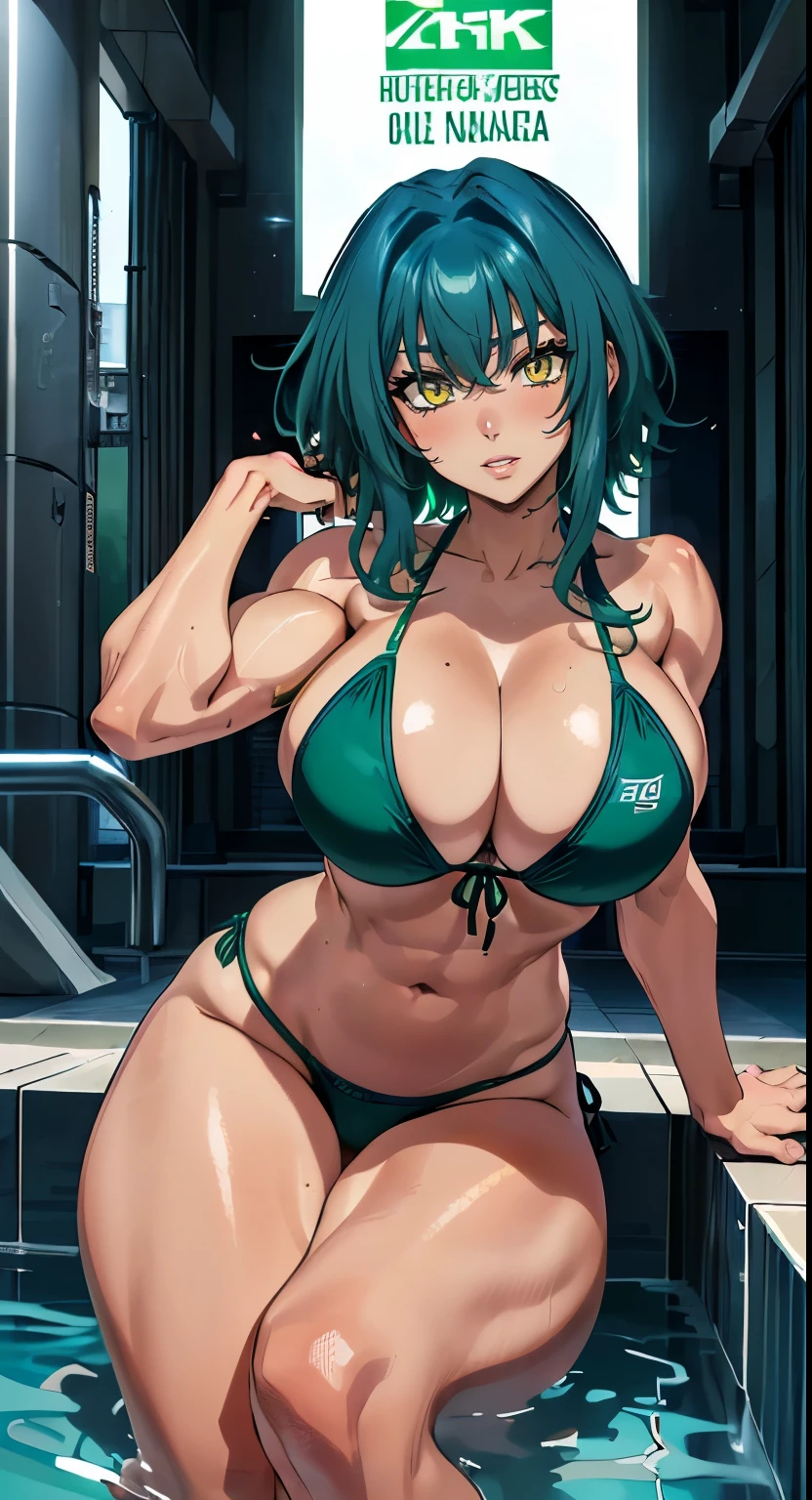 (melhor qualidade:1.3), (qualidade 4K), xenovia quarta by high school dxd, ((detailed face)), ((huge muscles)),(( hair cut)), ((navy blue hair)), ((blush)), ((a lock of green hair)), (peitos grandes), clivagem, sexy, (pool), ((bikini cloth))