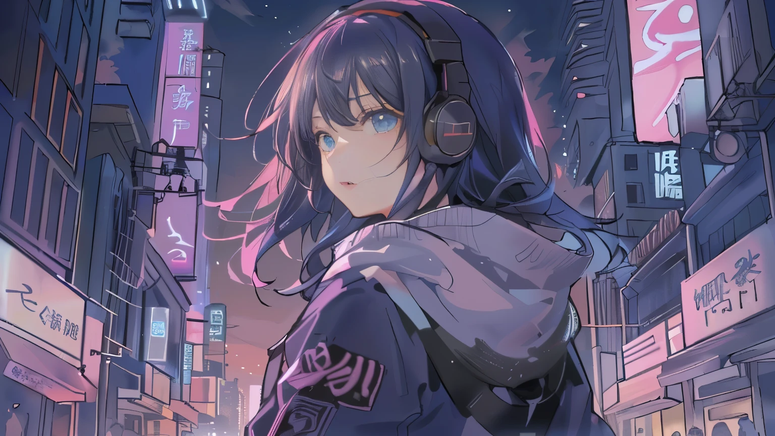 masterpiece,Anime-style illustration showing a young woman in her 20s wearing a black hoodie, facing right, Stand in the middle of the street in a cyberpunk nightlife district. sheはピンクがかった黒髪の長い髪を持っています、Wearing pink glowing headphones. big breasts、she&#39;You are still looking up at the starry sky, but、sheの視線と体はフレームの右側を向いています. The scene should be lively., Reflects a cyberpunk aesthetic, ネオンと未来的な建物がsheを取り囲んでいます. The hustle and bustle of the city continues, but、sheは&#39;Peace amidst chaos, Immerse yourself in the sights and sounds of the night. In the image、Must capture the calm sky above and the vibrant urban environment。, sheの新しい方向性を強調する.
