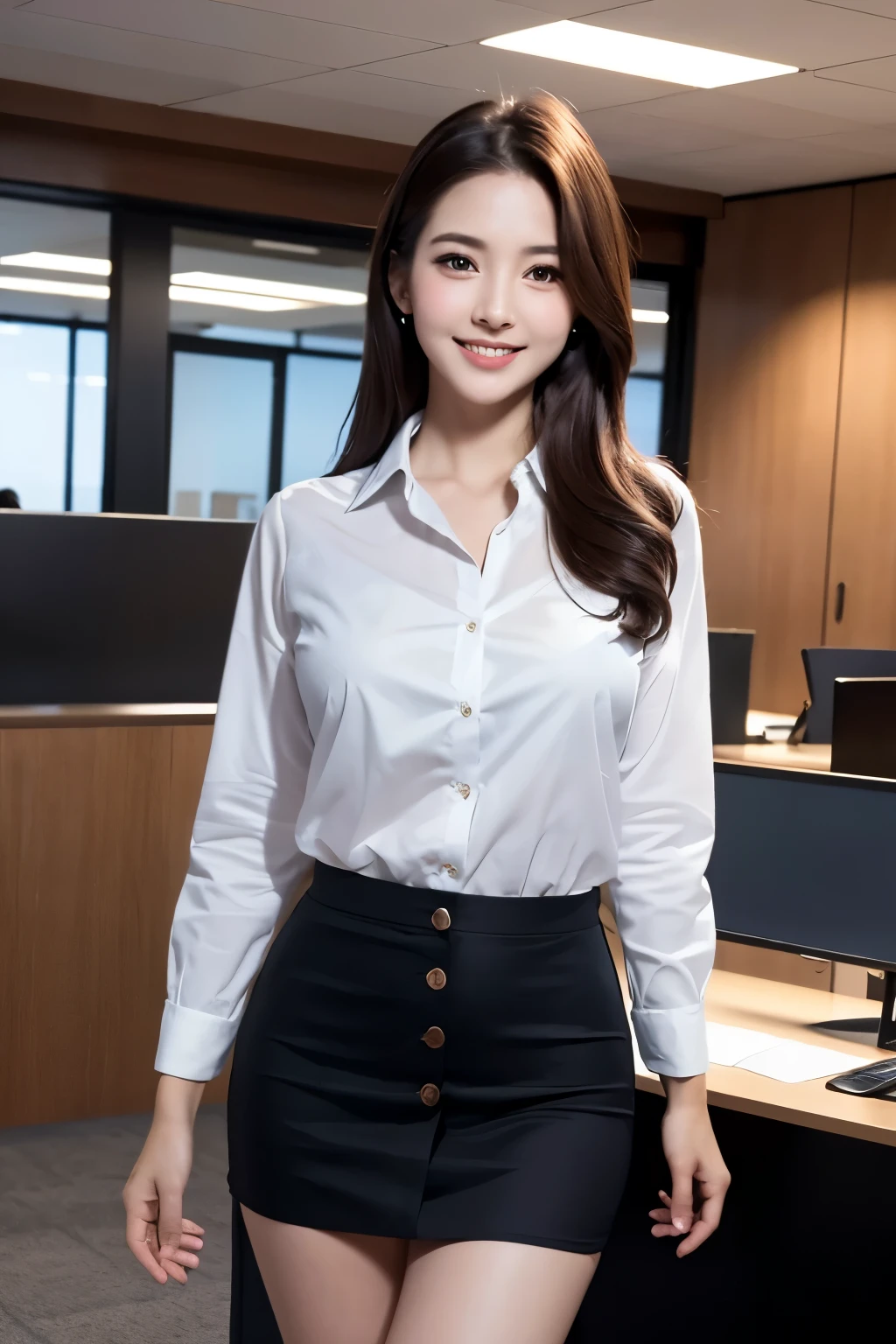 highest quality, masterpiece, 8K, 超A high resolution, (Photoreal:1.4), 1 girl、beautiful expression、symmetrical eyes、Huge 、perfect body proportions、office lady costume、Unbutton your chest、mini skirt、laughter、look at the audience、(inside the office:1.2)、long legs(1.3)、