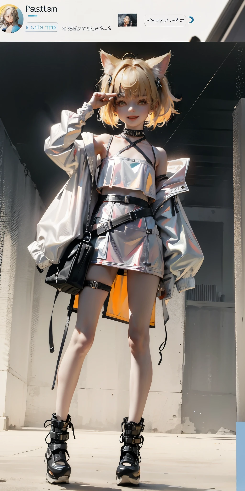 1 girl, pastelcolor, yellow hair strokes, Cyan eyes, short detailed hair, Small cat ears, Cyberpunk clothes, There are a lot of hairpins in the hair, Shoulders open, Hands open, Slimming the waist, A happy smile with a long tongue sticking out, Long tongue, whole-length, legsupms, Reference, Anime reference, Reference roles from different angles, white backgrounid