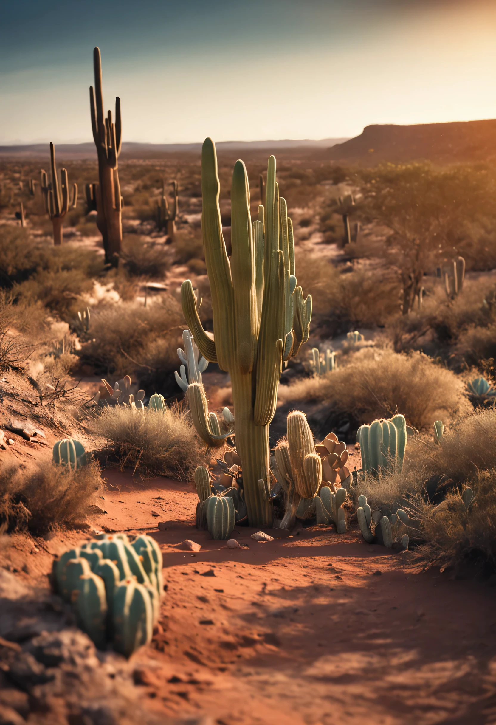 Bau de tesouro fechado ao longe na paisagem, Cacti in a desert area with a sky background, caatinga, paisagem do deserto, Serene desert scene showing a treasure chest.
