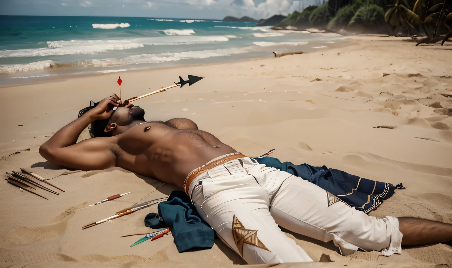 Man lying on the ground, with Indian arrows piercing the back, em uma ilha deserta, fallen man, homem cor de pele branca, ripped pants dress, camisa branca rasgadas, flechas perfurando as costas, arrows piercing the head, cor de pele branco, homem magro, mar, praia, flechas perfurando o corpo, flechas perfurando, flechas enfiandas