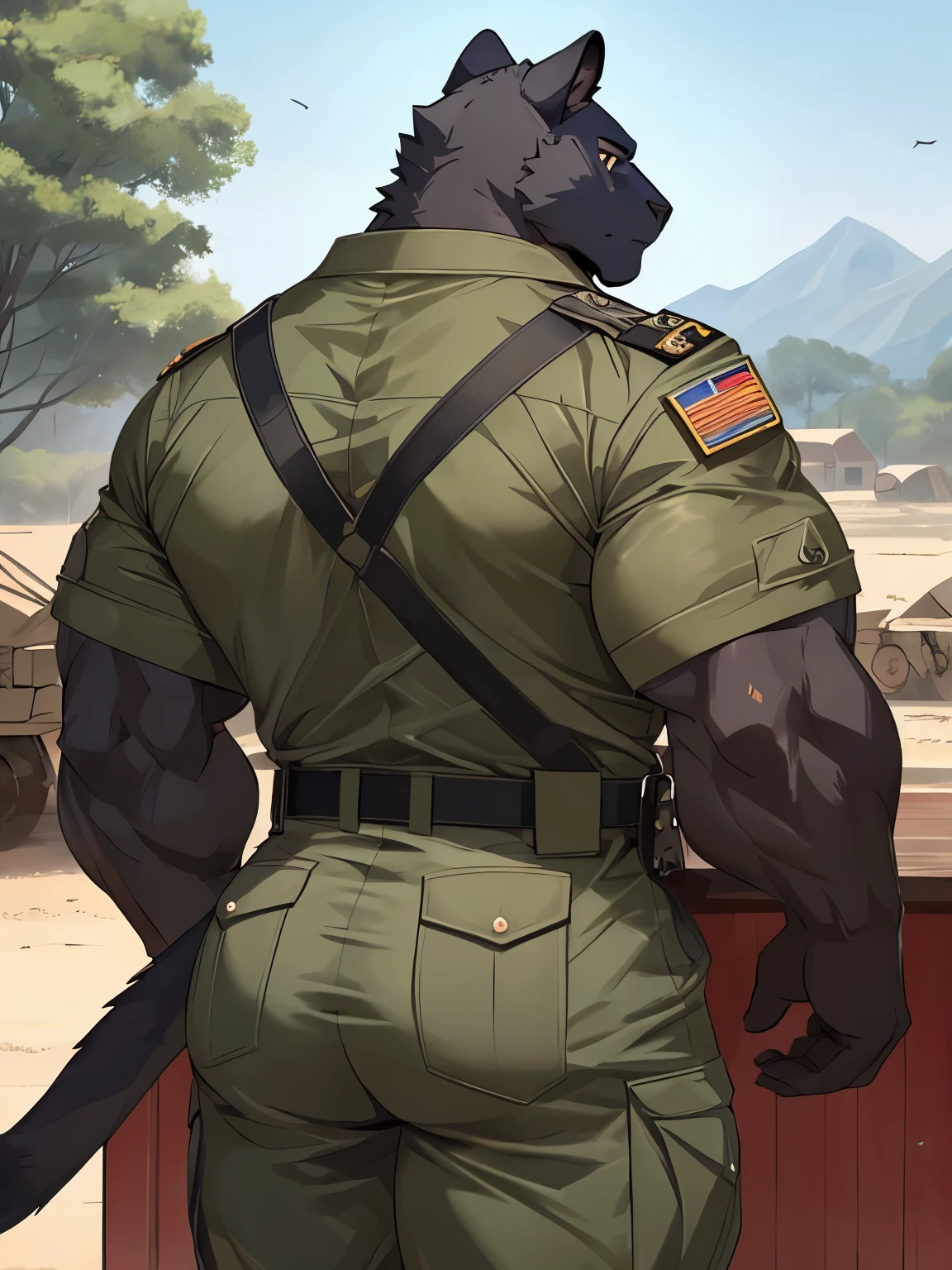 Panther, good looking, male, anthro, ultradetailed, muscular, solo, bareness, rippling muscles, muscles, military camp background, tail, serious, big pecs, looking at viewer, military uniform, bara, big muscles, big butt, rear view, wide hips,