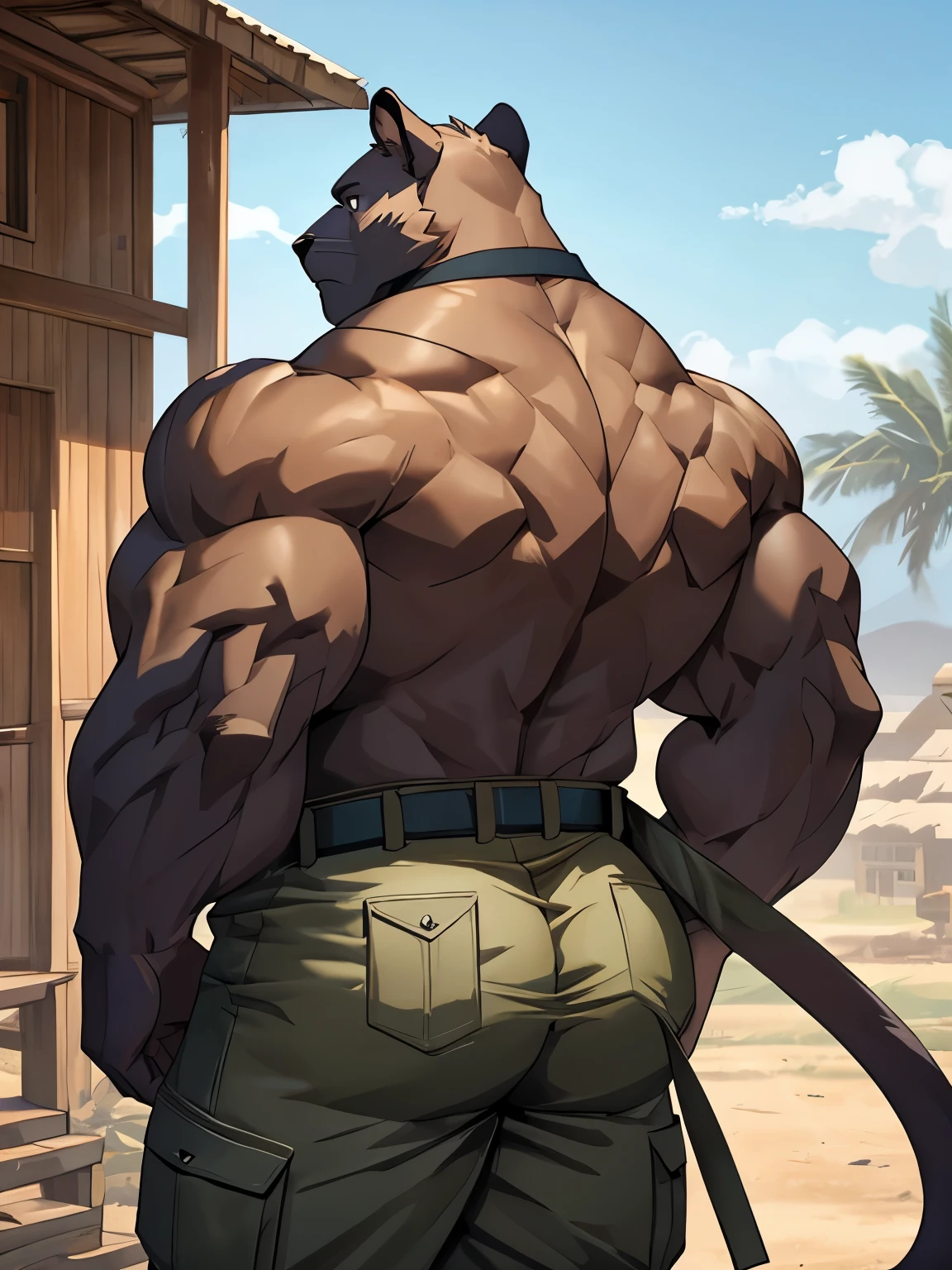 Panther, good looking, male, anthro, ultradetailed, muscular, solo, bareness, rippling muscles, muscles, military camp background, tail, serious, big pecs, looking at viewer, military uniform, bara, big muscles, big butt, rear view, wide hips,