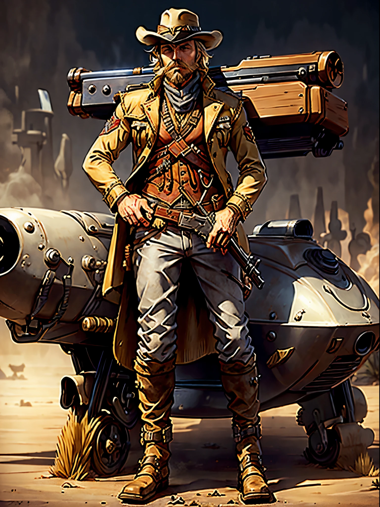 1man, male focus, western outlaw, sitting on a rocket sled, blonde hair, medium hair, grey eyes, scruff beard, (holding a weapon, lever action rifle), solo, spaghetti western art style, full body shot