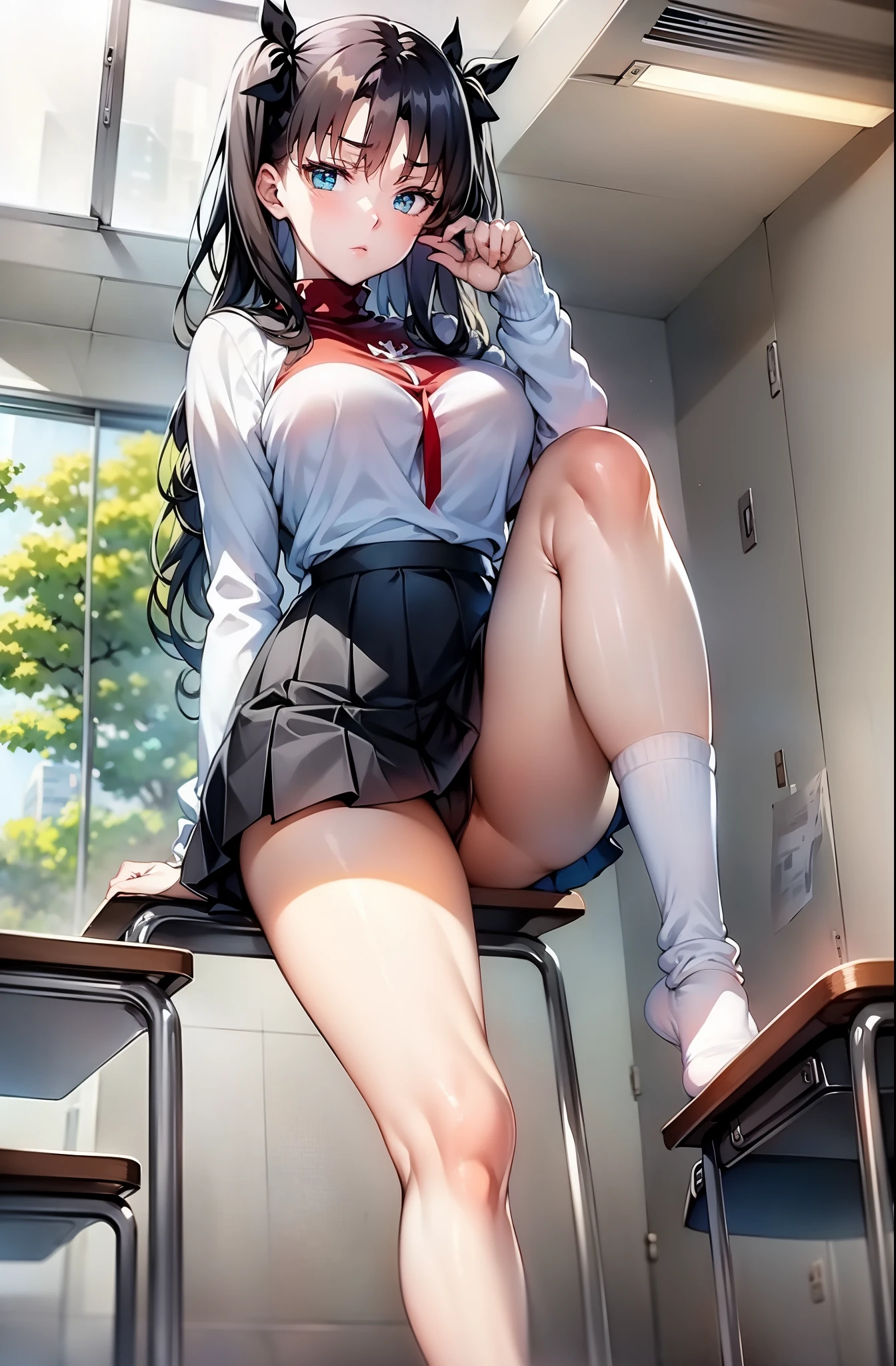 anime girl sitting on a desk with her legs crossed, beautiful anime girl squatting, a hyperrealistic , seductive anime girl, hyperrealistic , realistic , beautiful anime high school girl, cute , smooth anime cg art, beautiful alluring anime teen, the anime girl is crouching, attractive anime girl, school girl, sitting on a desk, (masterpiece), best quality, expressive eyes, perfect face, 1girl, solo, rintohsaka, rin tohsaka, aqua eyes, black hair, hair ribbon, long hair, ribbon, sidelocks, two side up, black skirt, black thighhighs, long sleeves, miniskirt, pleated skirt, ((red sweater)), skirt, sweater, thighhighs, turtleneck, city background, sitting, character sheet, upper body, portrait, looking at viewer, big , big tits, thicc, gaze looking at the camera, white sock colors, ultra realistic graphic, ble eyes, ultra detailed eyes