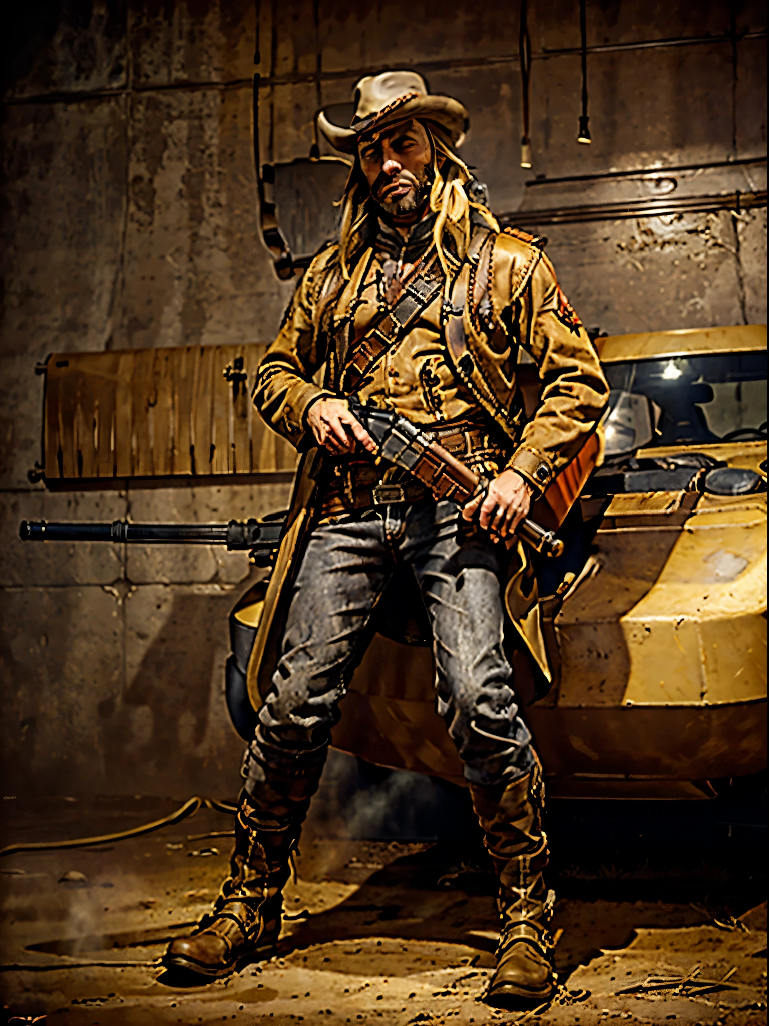 1man, male focus, western outlaw, sitting on a rocket sled, blonde hair, medium hair, grey eyes, scruff beard, (holding a weapon, lever action rifle), solo, solo focus, spaghetti western art style, full body shot