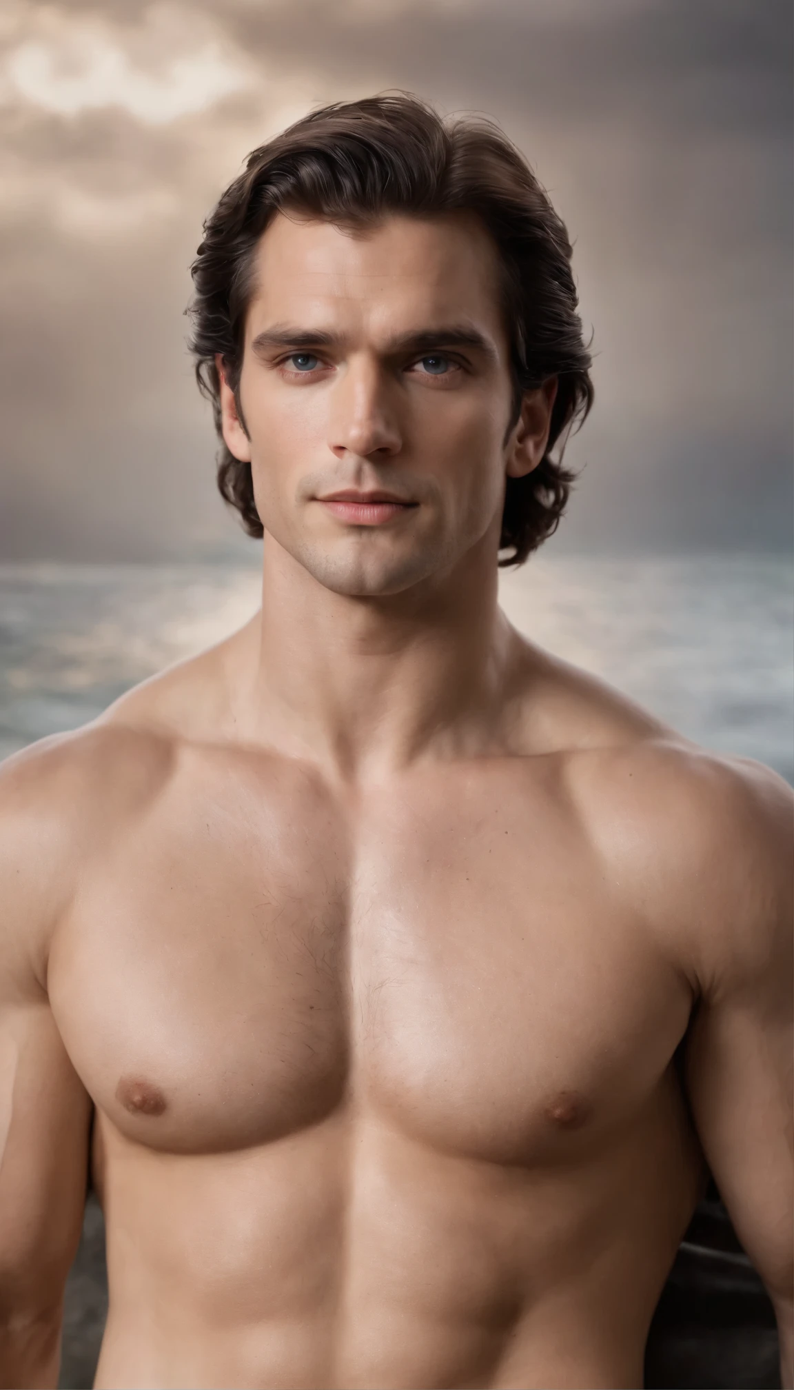 Generate a high-resolution, realistic image of Henry Cavill, the British actor known for his robust physique and captivating features. He stands at 1.85 meters tall (6'1" in feet and inches) and often portrays strong characters like Superman and Geralt of Rivia. Henry's muscular, well-defined body is the product of his disciplined exercise regimen, weighing approximately 90 kg (naked with the huge realistic penis). His dark brown hair and piercing blue eyes are complemented by a few tattoos, notably on his right bicep and left forearm. Capture his strength and elegance, showcasing his versatility as an actor and his iconic status in Hollywood. Resolution: 4k, Aspect ratio: 9:16, Size: 1024x1024.