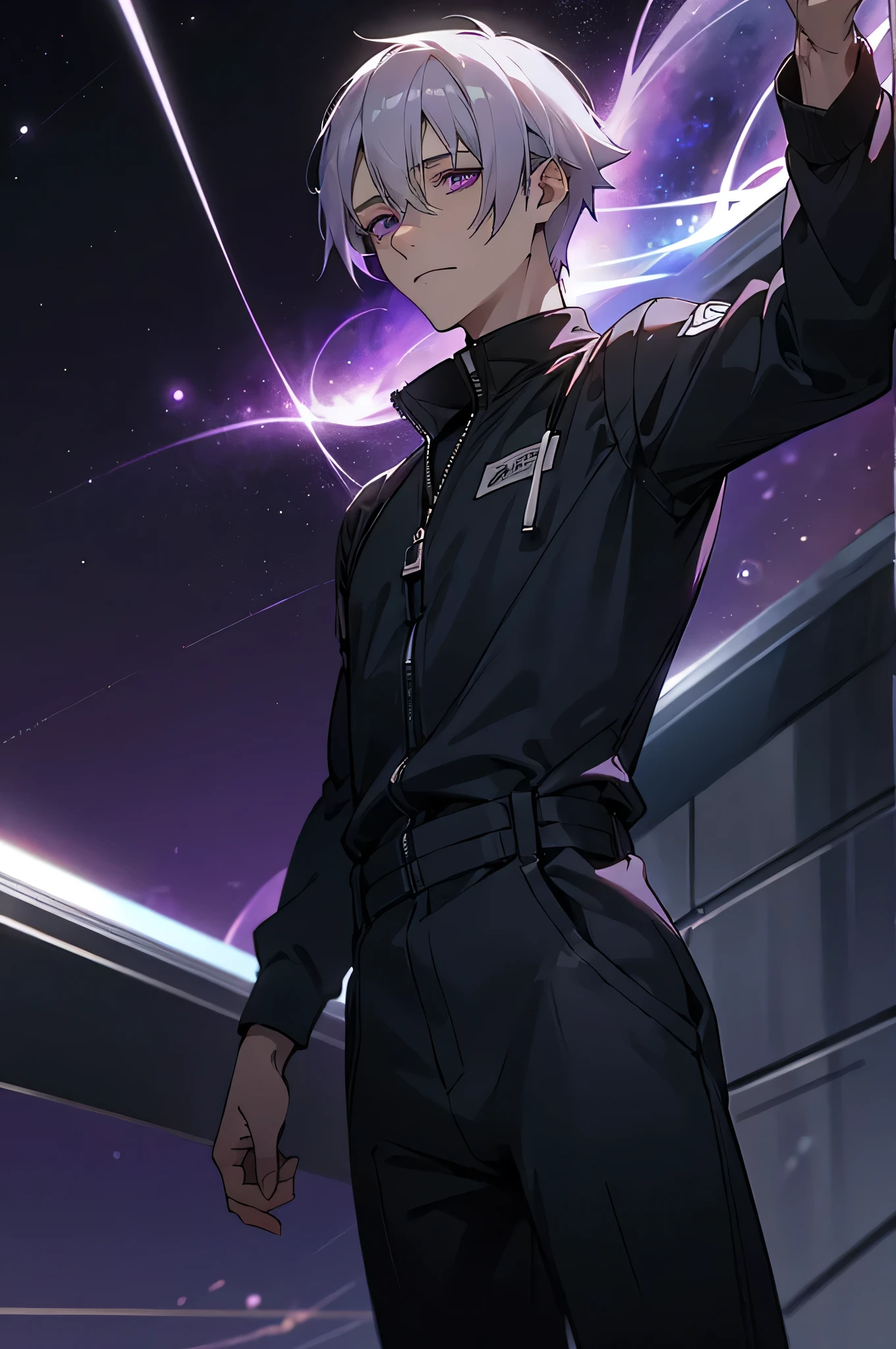 
male,  adult, Black Jumpsuit, Grey Hair, Purple eyes, Pale Skin, space background, prison jumpsuit, googles, Lightning aura, 