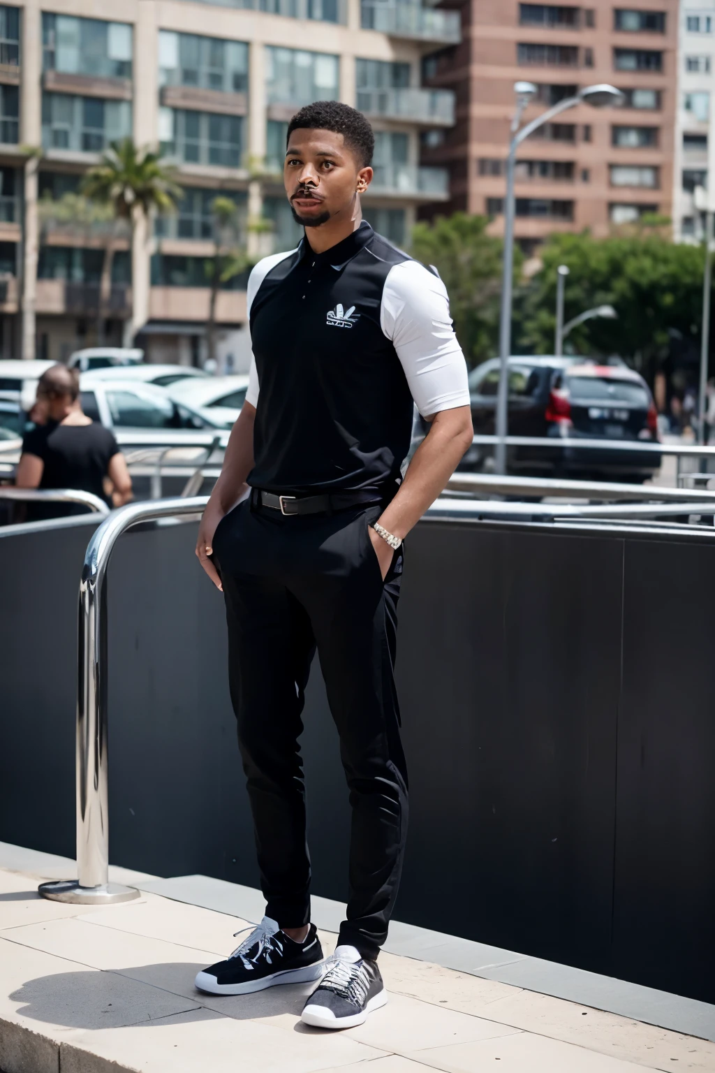 Imagine um homem negro de 23 anos, com uma altura de 1,74 m, wearing a black polo shirt tucked into black tailored pants, Following Michael B Jordan's style at the 71st Annual Cannes Film Festival. On the feet, he wears a pair of Adidas Stan Smith sports shoes, adicionando um toque moderno e casual ao visual elegante da formatura.