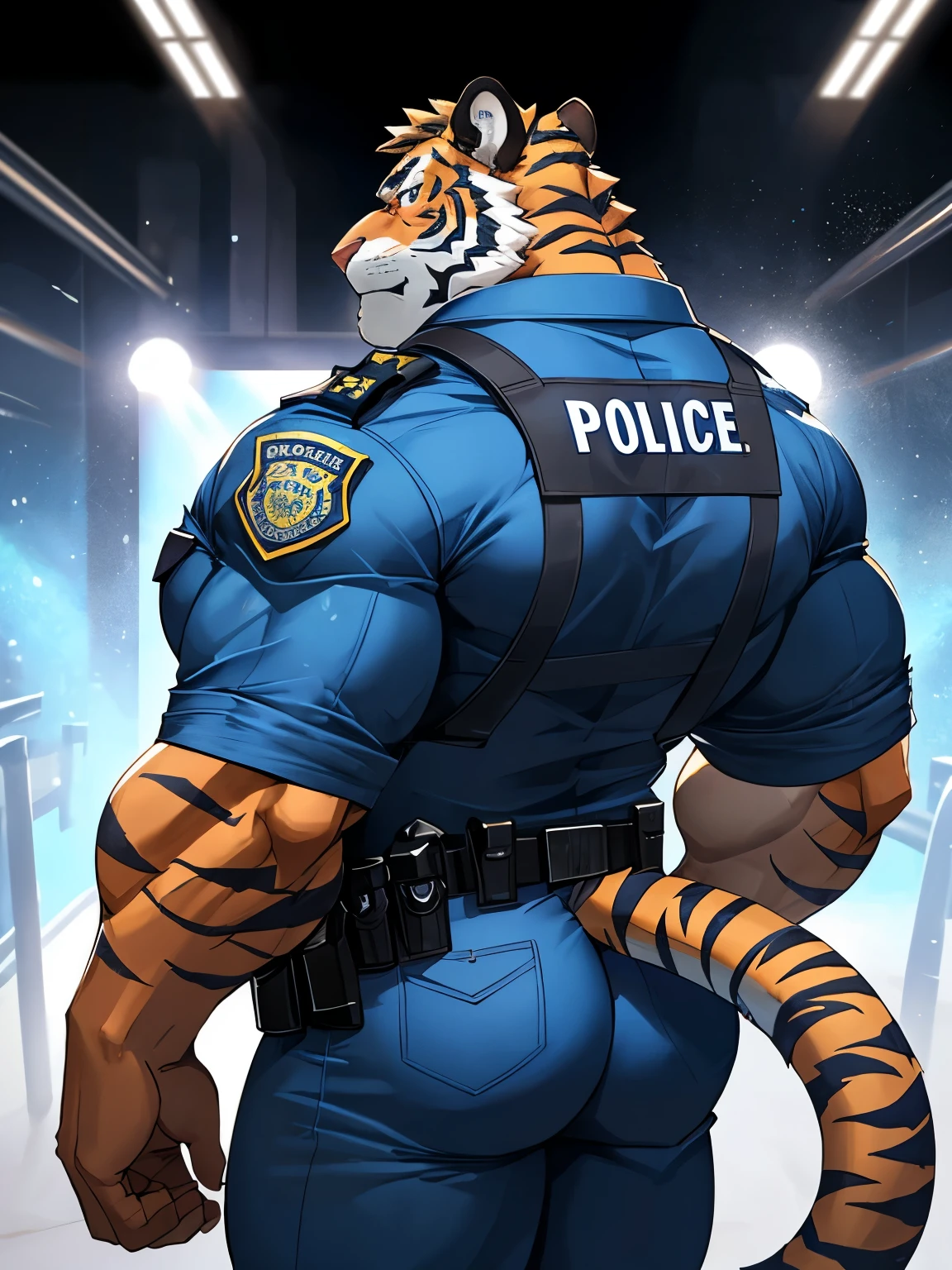 Tiger, good looking, male, anthro, ultradetailed, muscular, solo, bareness, rippling muscles, muscles, prision background, tail, serious, big pecs, looking at viewer, police uniform, bara, big muscles, big butt, rear view, wide hips,