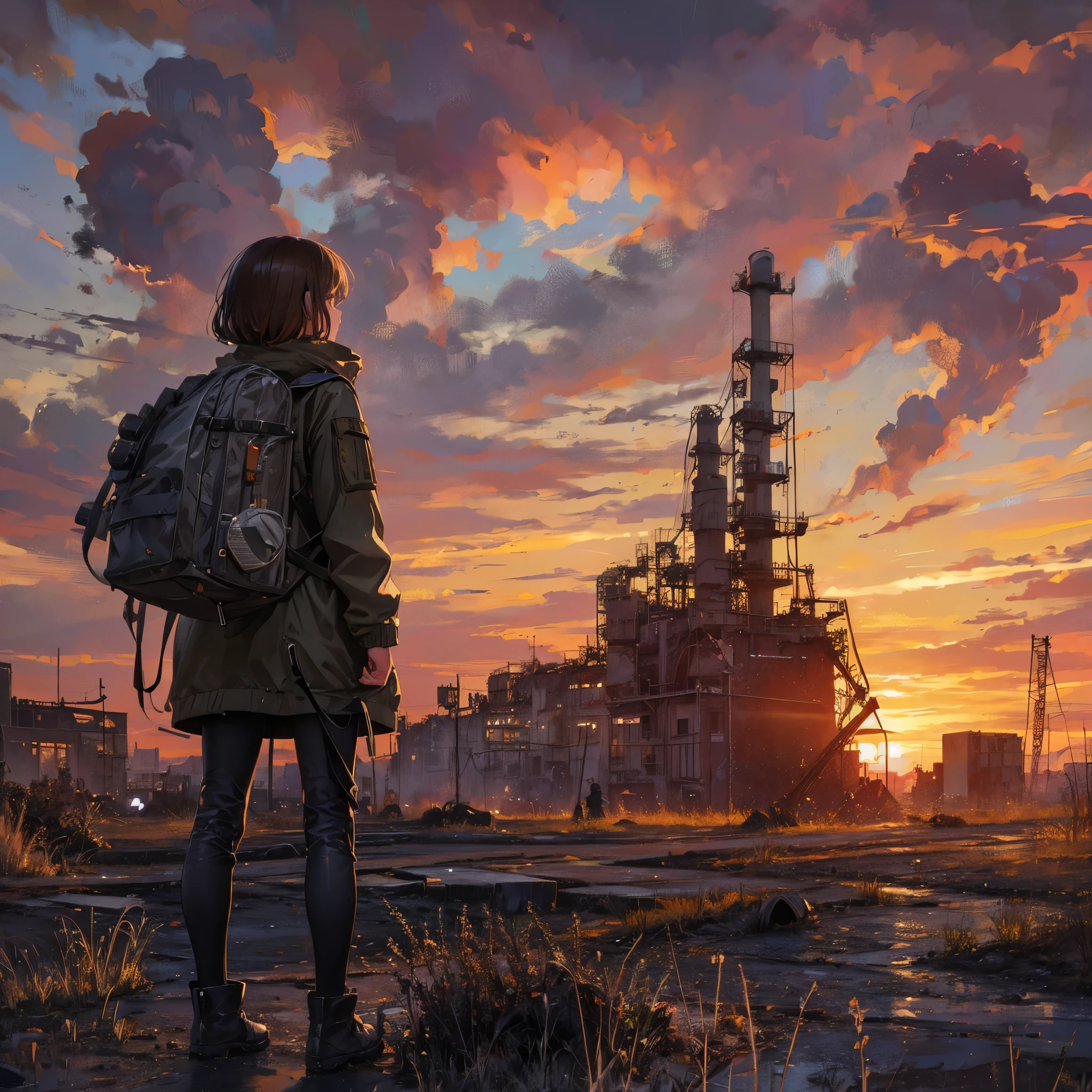 8K, highest quality, A ruined factory, a wasteland, a girl traveling, carrying a backpack, a fantastic sunset