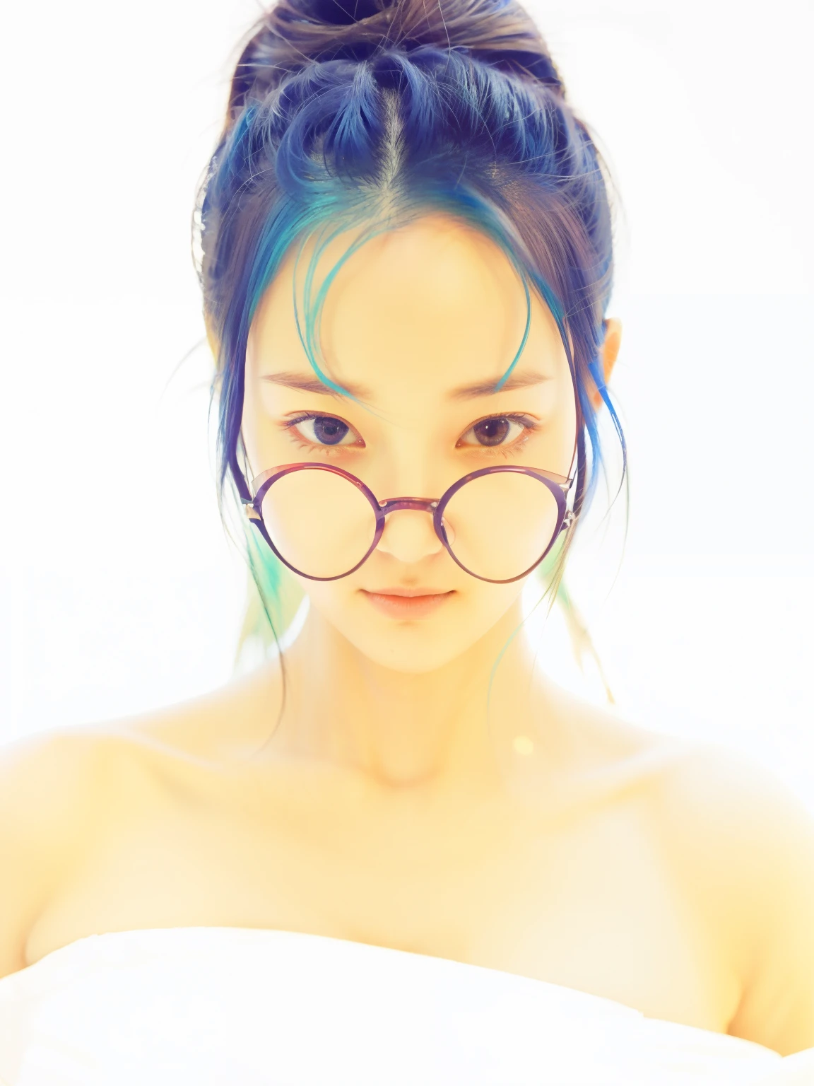 (best quality,4k,8k,highres,masterpiece:1.2),ultra-detailed,(realistic,photorealistic,photo-realistic:1.37),portrait,blue-haired,girl with glasses,lively expressions,beautiful detailed eyes,detailed lips,long eyelashes,tall posture,energetic pose,inspired by Iwao Takamoto,2D portrait,created by Oka Yasutomo,with hair flowing in the wind,a colorful background,anime art style,with a dynamic leadership style,by Yasutomo Oka,depicted by Yuki Ogura,featuring a half-body portrait,created by Takeyuki Kanda,influenced by Toru Furuya,full of personality and charisma,an extraordinary presence,with a powerful spirit in her eyes,catching the viewer's attention,a symbol of strength and confidence,artistically depicted with vibrant colors,contrast between light and shadow,stunning realism and attention to detail,a masterpiece of digital art!