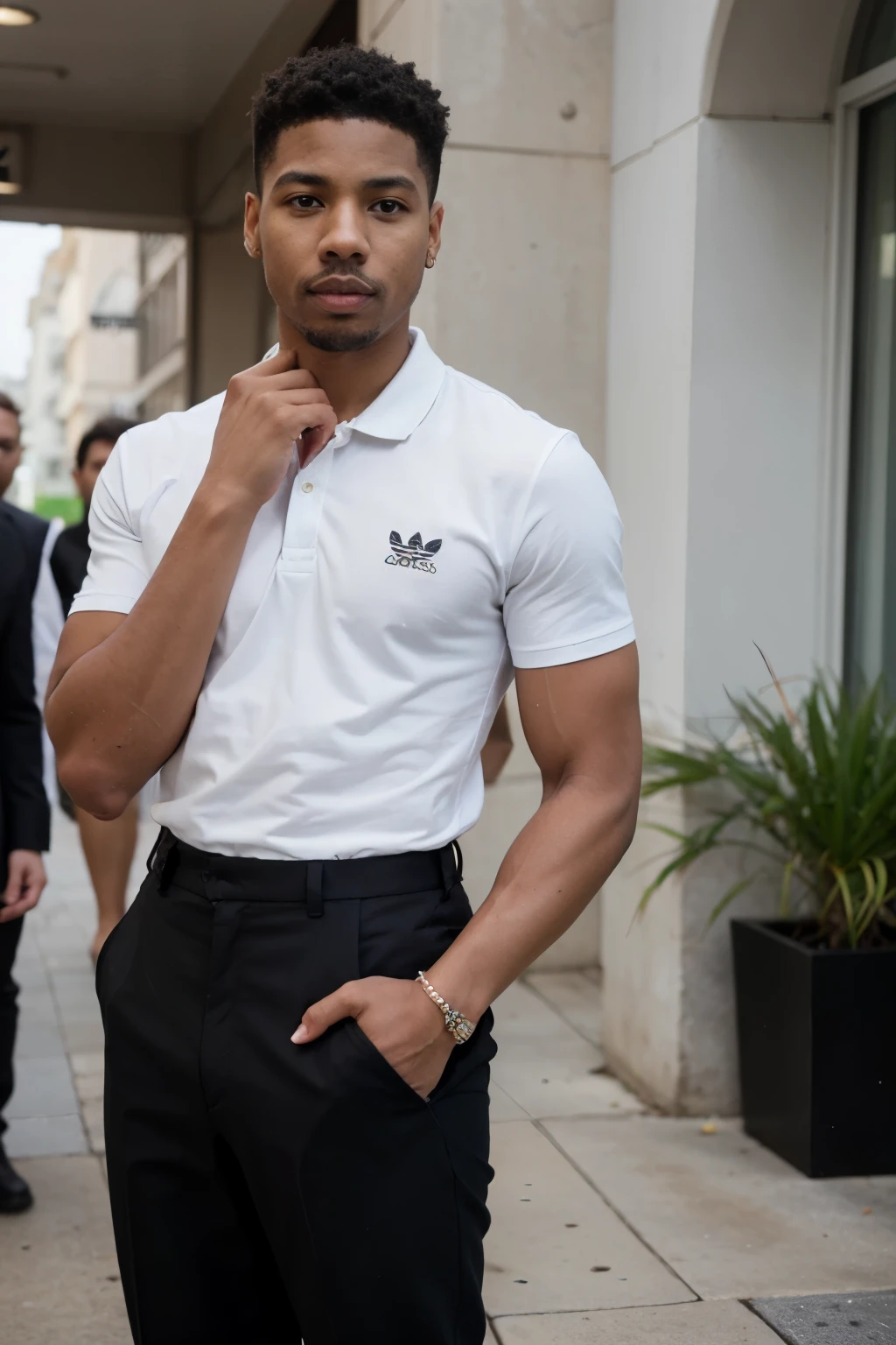 Imagine um homem negro de 23 anos, com uma altura de 1,74 m, wearing a black polo shirt tucked into black tailored pants, Following Michael B Jordan&#39;s style at the 71st Annual Cannes Film Festival. On the feet, he wears a pair of Adidas Stan Smith sports shoes, adding a modern, casual touch to your elegant look as a guest at an evening law school graduation.