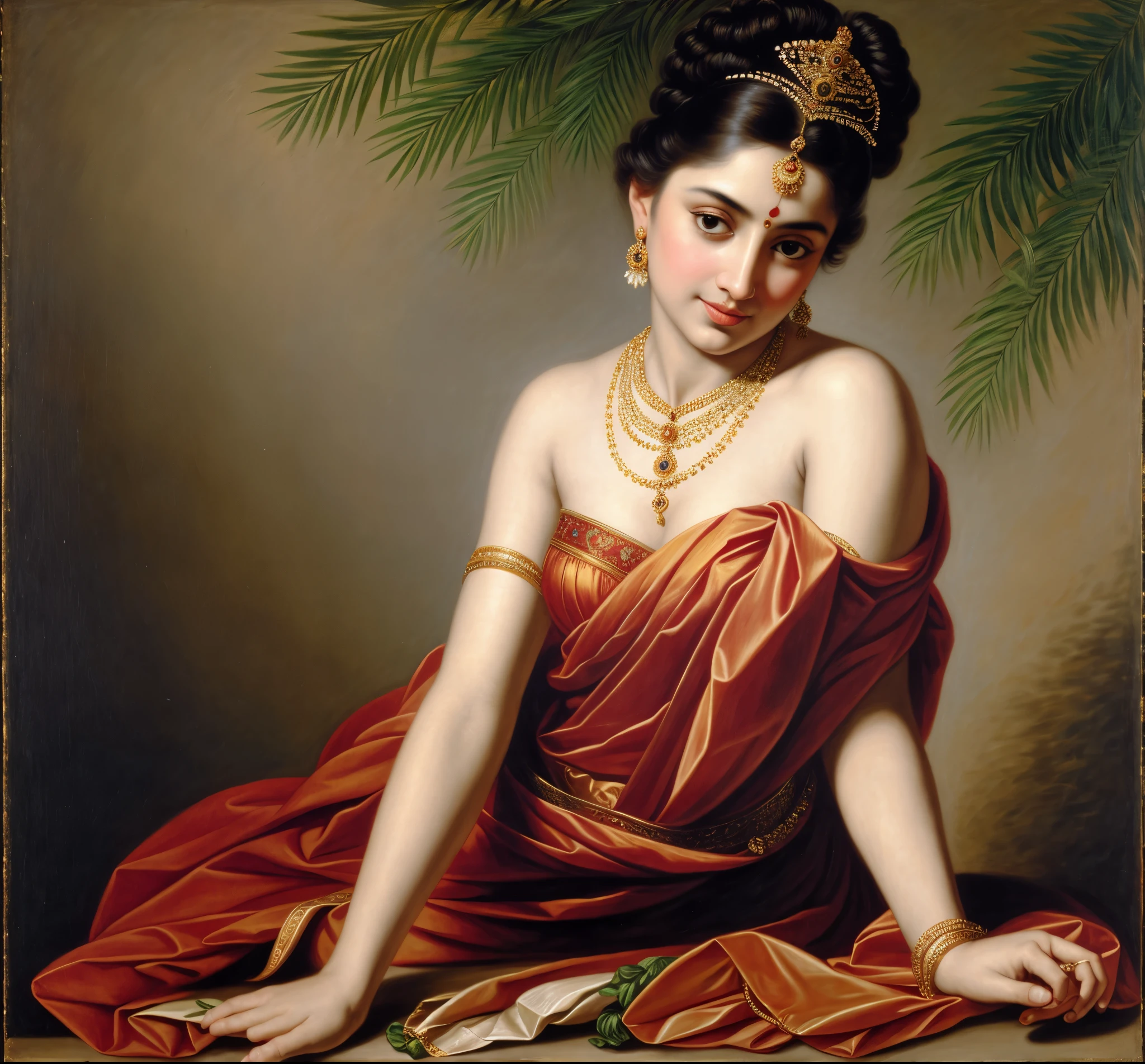 Beautiful Indian Woman, wearing saree, sari Beauty, gorgeous, Apsara, Maharani, royal queen woman, nymph from Hindu Mythology, Urvashi, matchless beauty, Highly detailed, Oil Painting by Peter Paul Rubens inspired by Raja Ravi Varma, Matchless beauty, captivating, gorgeous, heavenly beauty, celestial beauty, by Peter Paul Rubens, 13, realistic, hyper realistic, micro details, incredible artwork, insane details, ultra High resolution, 8k, 32k, acrylic on canvas, intricate, flawless, detailed, detailed face, detailed eyes, masterpiece, by Peter Paul Rubens, by Caravaggio, by William Adolphe bouguereau, perfect face, perfect body, beautiful art, realism, baroque, renaissance Art, highly textured, beautiful and detailed eyes, uhd, best quality,
