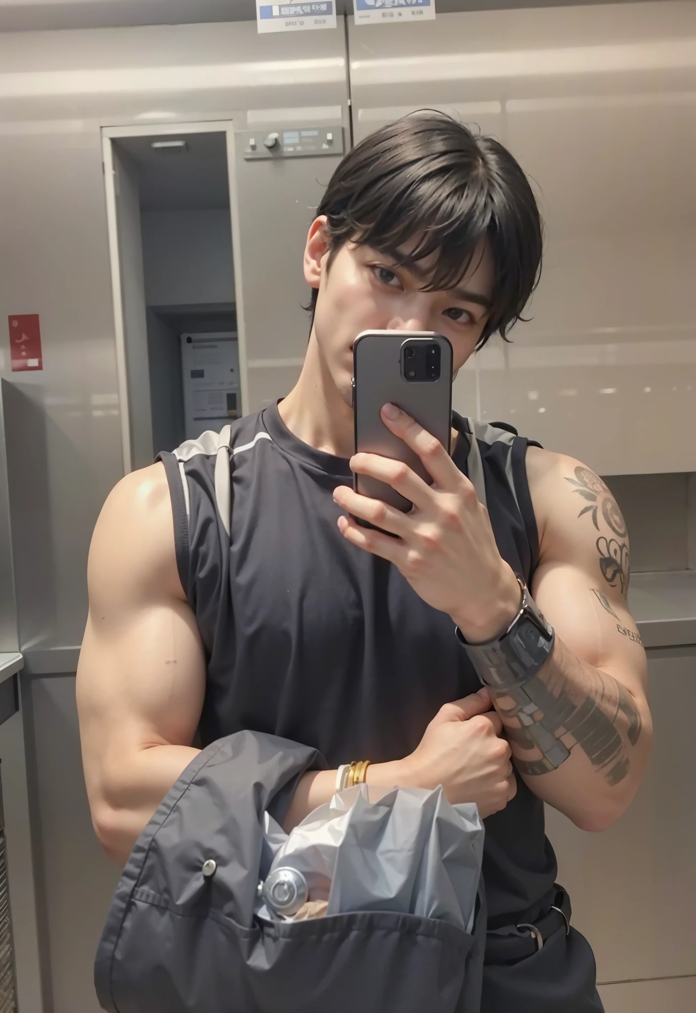 tem um homem com capacete e celular, menino musculoso coreano de 2 a 1 anos, ombros podem ser vistos, hyung tae, regata preta apertada, homem sul-coreano, taejune kim, Kim Doyoung, Jinyoungin, vestindo uma regata decotada, muscles, forte, mas musculoso, ele tem cerca de 30 anos cabelos ruivos