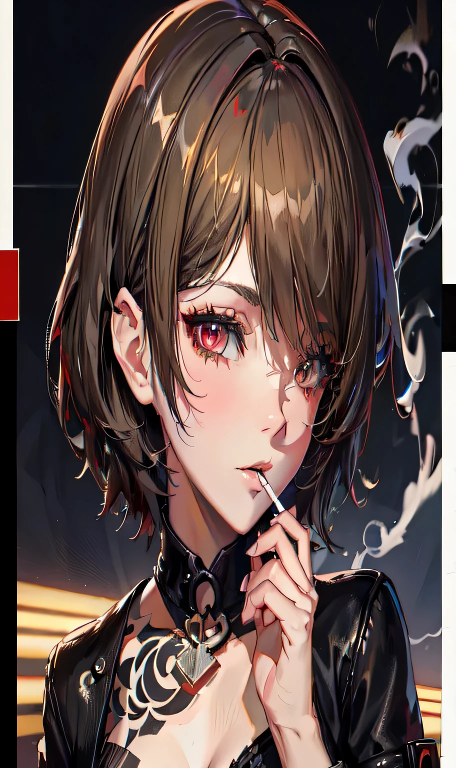 anime girl with a cigarette in her mouth and a black leather jacket, persona 5 art style wlop, female protagonist 👀 :8, seductive anime girl, smooth anime cg art, detailed digital anime art, detailed portrait of anime girl, badass anime 8 k, kawacy, artwork in the style of guweiz, fine details. girls frontline, portrait anime girl