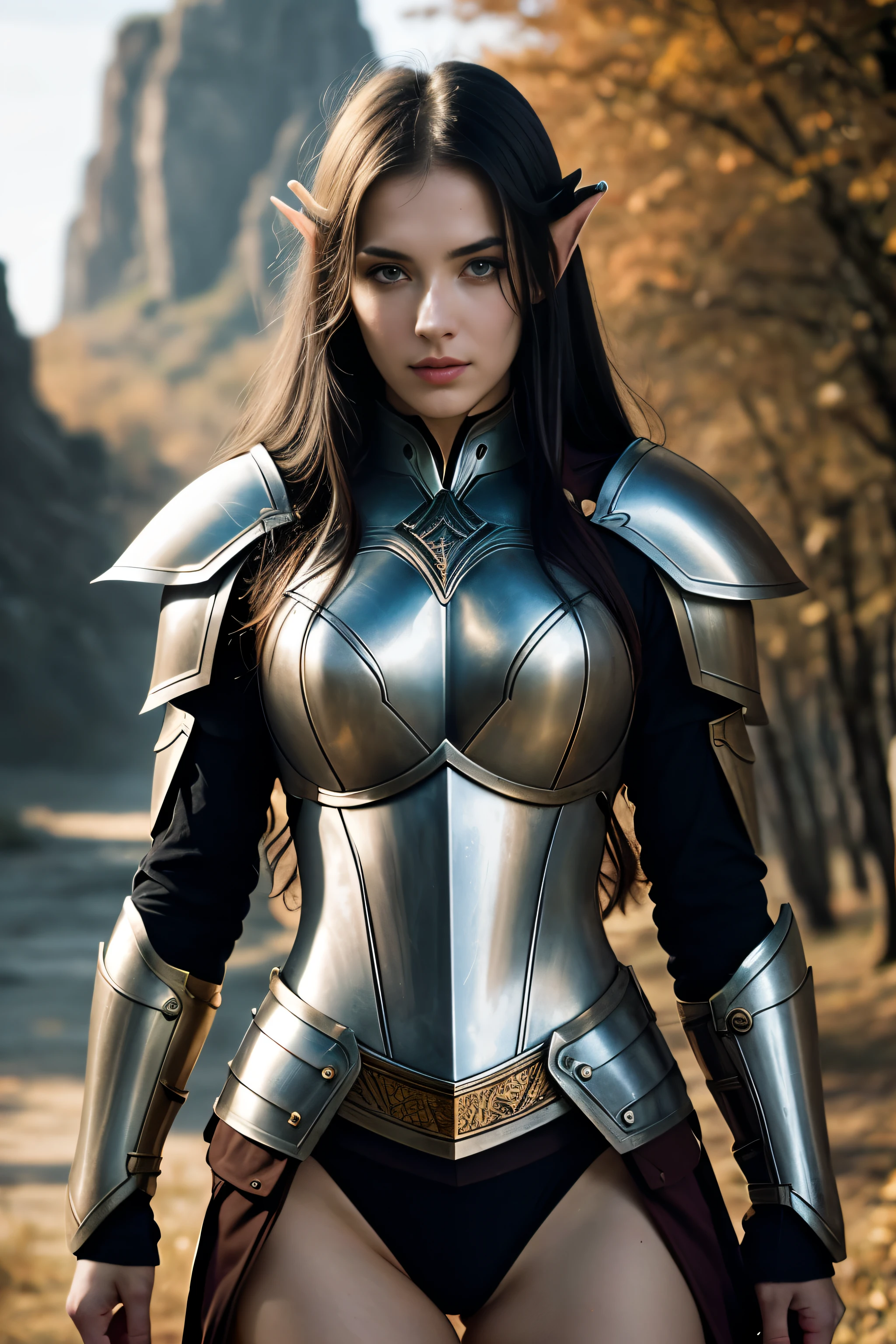 Masterpiece, a beautiful female elf knight (Adriana Malkova), bright eyes, black hair, broad shoulders, strong body, high detail pale skin with light freckles, high detail armor, outside, (skin texture:1.1), best quality, ultra high res, Raw photo, Nikon D850, backlight, rimlight, bright sunlight, film grain:1.2, (warm hue, warm tone:1.2), (color photo), fantasy landscape background