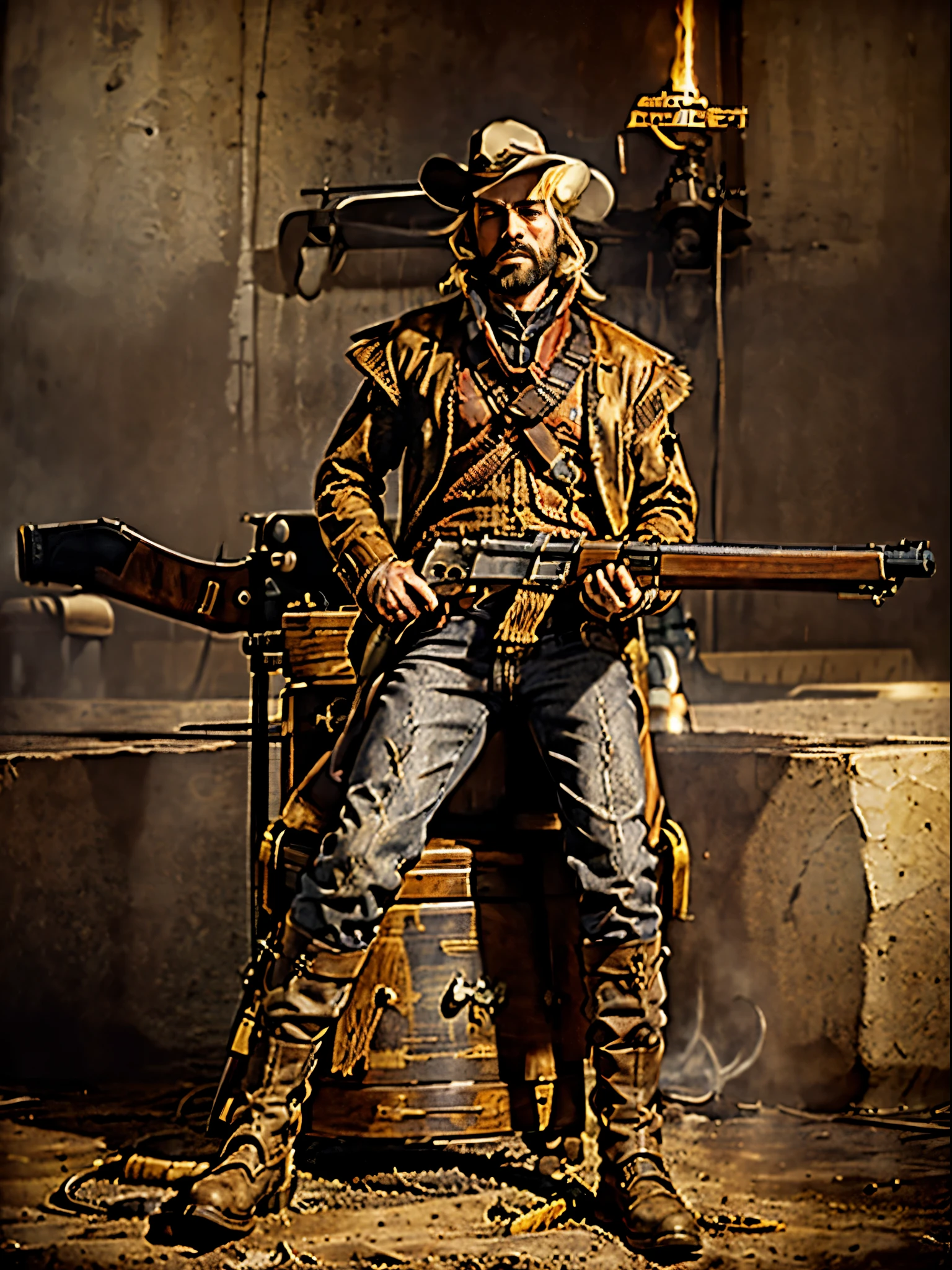 1man, male focus, western outlaw, sitting on a rocket sled, blonde hair, medium hair, grey eyes, scruff beard, (holding a weapon, lever action rifle), solo, solo focus, spaghetti western art style, full body shot