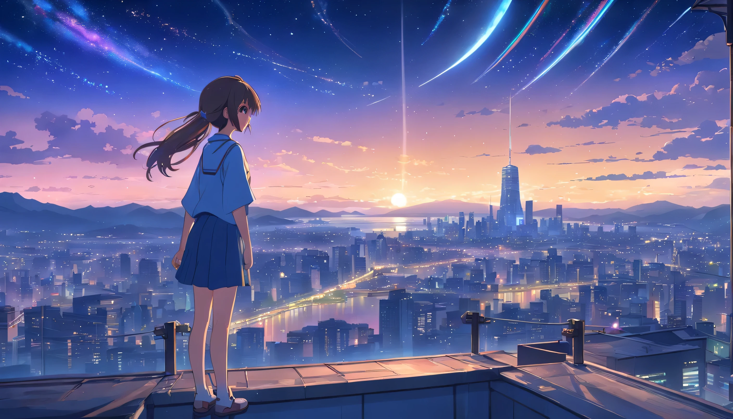 (highest quality,4k,High resolution,masterpiece:1.2),Super detailed,realistic,Anime girl standing on the rooftop and looking at the night sky with stars and rainbow,rainbow starry night,anime style art,fine and beautiful eyes,beautiful detailed lips,highly detailed eyes and face,long eyelashes,bright colors,portrait,landscape,cityscape,huge full moon,Quiet and calm atmosphere,A majestic skyline lined with towering buildings,A sense of peace and calm,Detailed architectural silhouette,Still air,soft gentle wind,thin clouds and fog,bright starry sky,shining star,breathtaking starry sky background,wonderful bright rainbow,Gently shining rainbow colors,Shooting stars crossing the sky,A clear view of the night sky,Gorgeous anime art wallpapers,Fantastic and dreamlike environment,Illustration inspired by Makoto Shinkai Cyril Rolland,Immersive and captivating scenes,Seductive anime girl with flowing hair,Calm and content expression,The city lights twinkle below,nighttime cityscape with glowing windows,Calm and magnificent rooftop view,Peaceful and enchanting atmosphere,moments of thought and meditation,Deep tranquility and solitude,Light pollution reveals distant galaxies and constellations,The awe-inspiring beauty of the universe,Heartwarming surprise and awe.