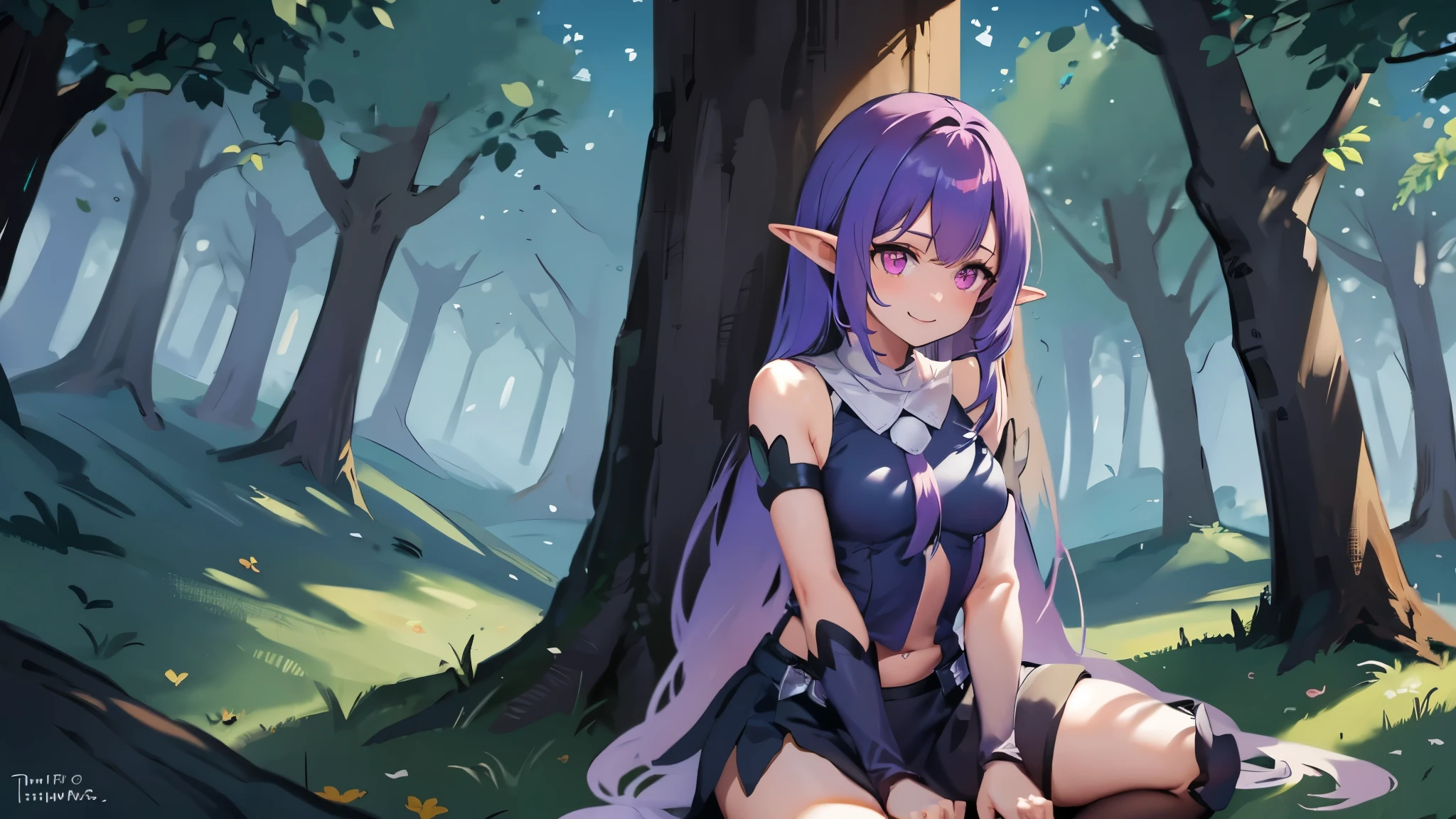 1girl, looking at camera, straight hair, pink eyes, blue hair, medium breast,  mini tube dress, masterpiece, best quality , on the forest, dreamy, sexy, colorful, thighs, flat color, smiling, nice ass, colorful, lights, shadows, elf, magical girl, full body, lineart, lying, showing panties