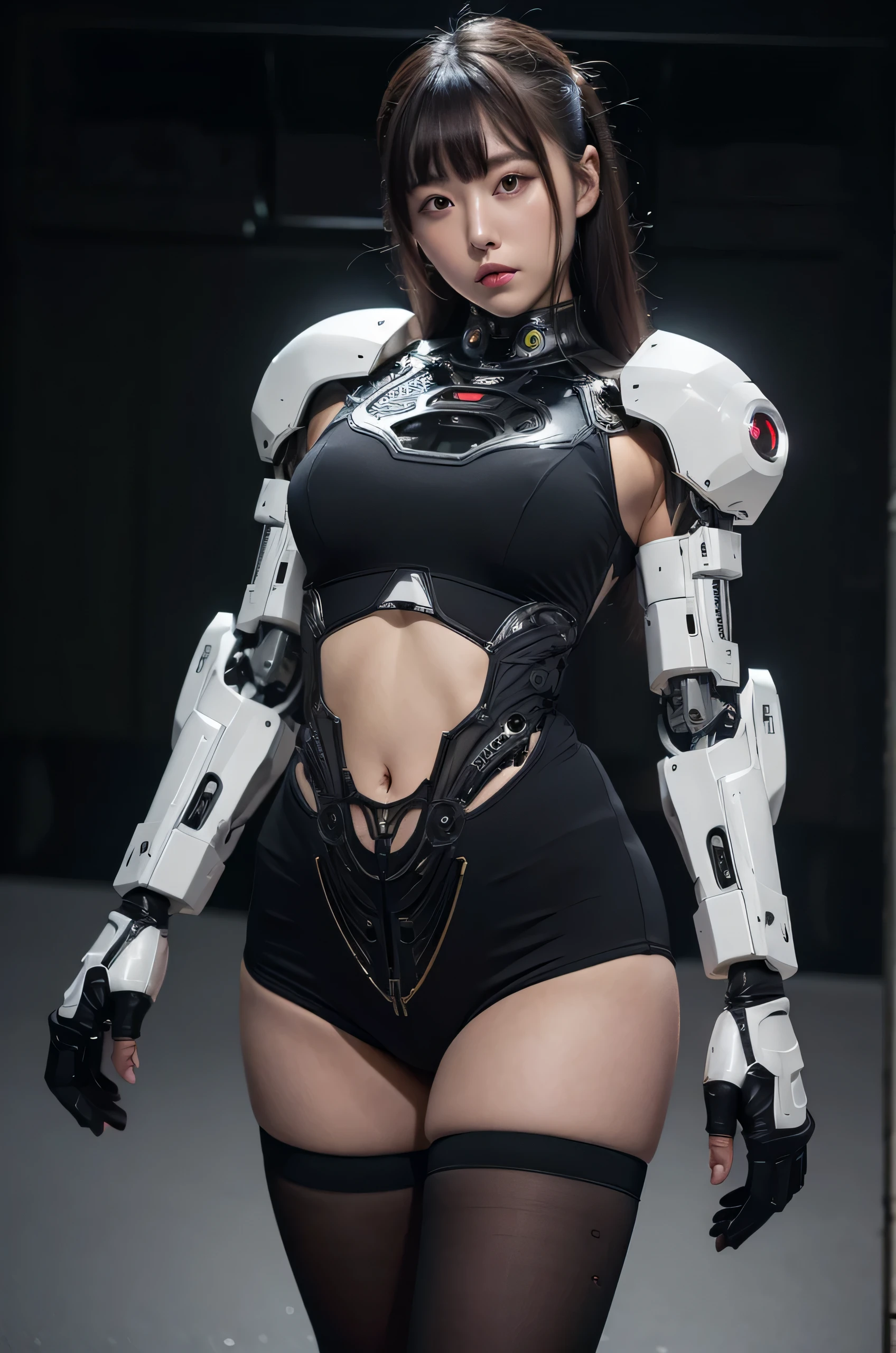 masterpiece, best quality, extremely detailed, Japaese android girl,Plump , control panels,android,Droid,Mechanical Hand, Robot arms,black hair,Blunt bangs,mechanical body, She is powered by electricity,white robot body,perfect mechanical body,black sponge joints,The removable cover is on the groin,The connection port is on the groin,access panel on the chest,sports wear,short pants,long gloves,dark black tights,She has repaired now,blue eyes