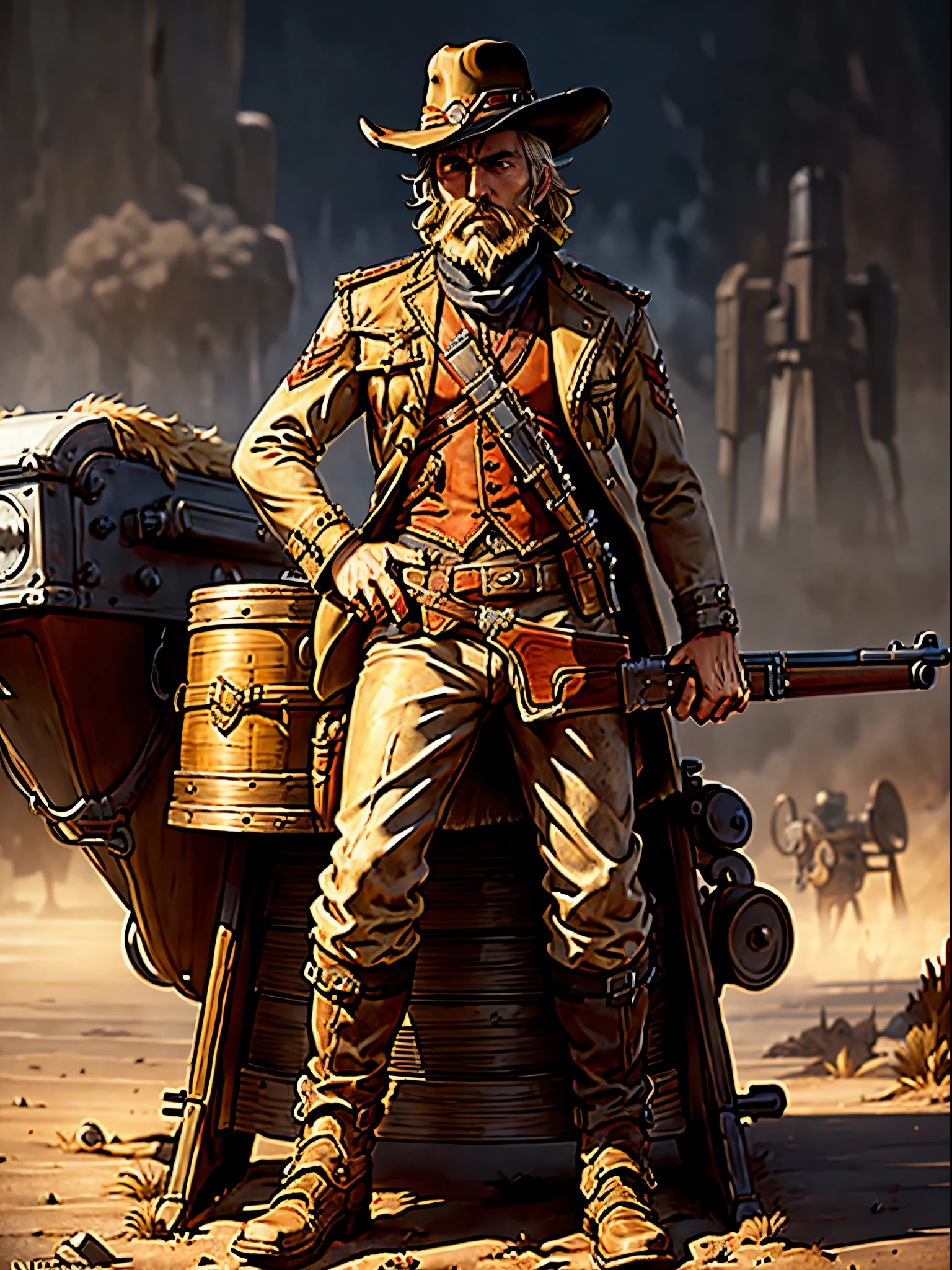 1man, male focus, western outlaw, sitting on a rocket sled, blonde hair, medium hair, grey eyes, scruff beard, (holding a weapon, leveraction, antique firearm), solo, spaghetti western art style, full body shot