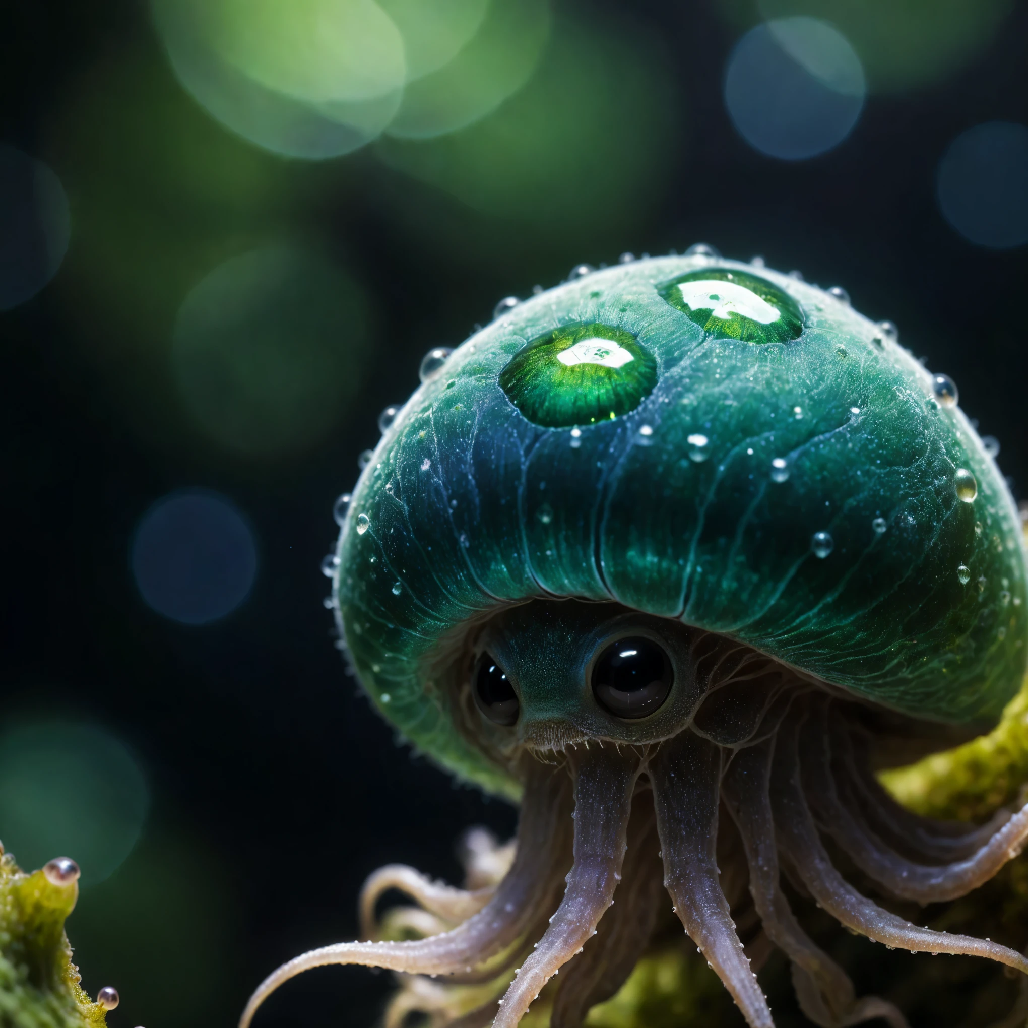  a green mushroom with water droplets on it, macro photography 8k, award winning macro photography, cute forest creature, an alien mushroom with tentacles, beautiful macro photography, creepy macro photo, beautiful macro close-up imagery, hd macro photographs, macro photo, cute little creature, macro photography, nature macro, macro art, high resolution macro photo