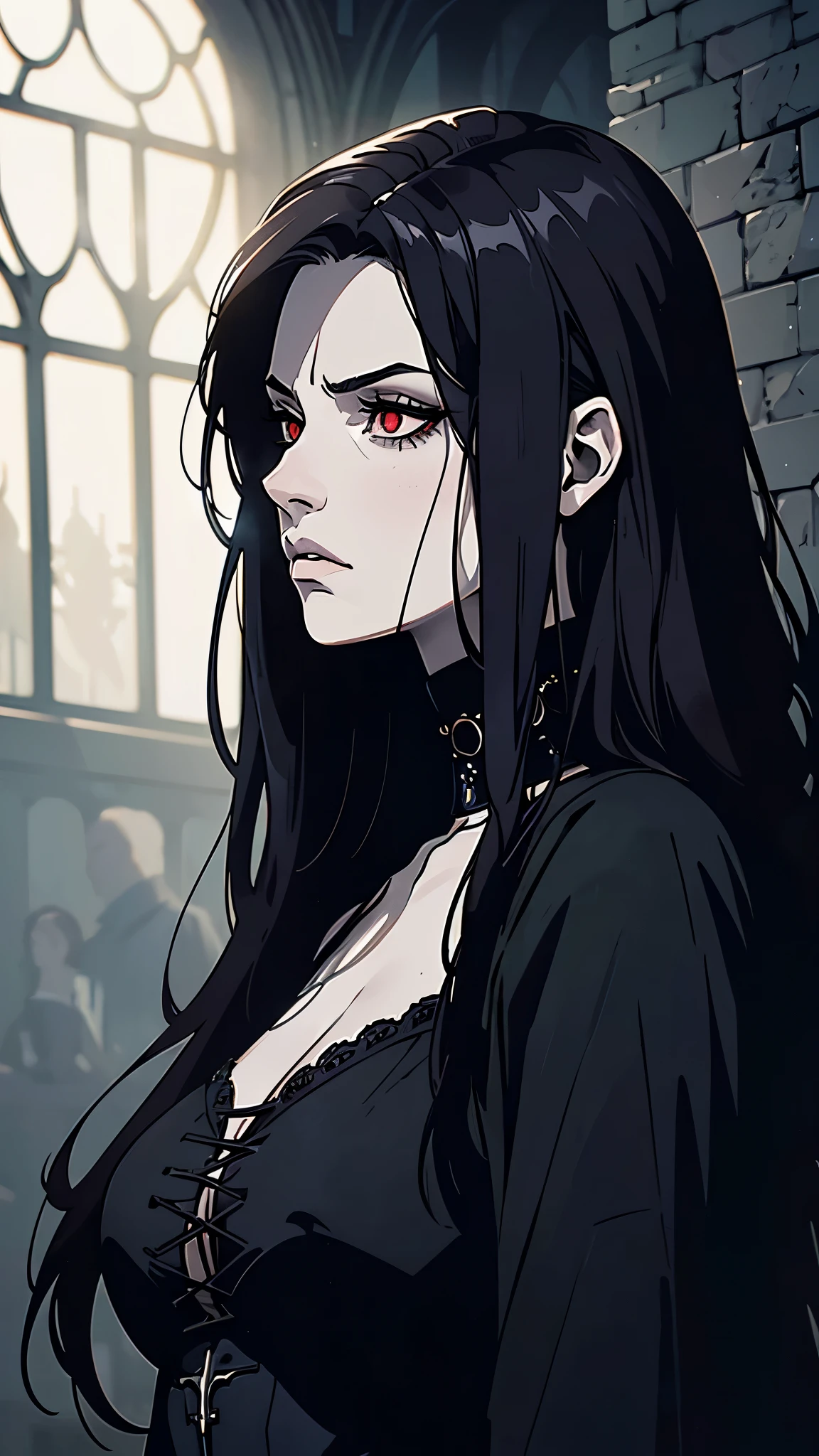 (best quality,4k,8k,highres,masterpiece:1.2),ultra-detailed,(realistic,photorealistic,photo-realistic:1.37),goth anime girl,90s anime,gothic,1woman,dark church,red eyes,dark ambient,low saturation,anime style,pale skin,long flowing hair,gothic clothing,silhouette,surreal background,mysterious atmosphere,intense emotions,melancholic expression,dim candlelight,lens flare,dramatic shadows,symbolic elements,heavy makeup,pale and dark colors,misty fog,ethereal beauty,subtle texture
