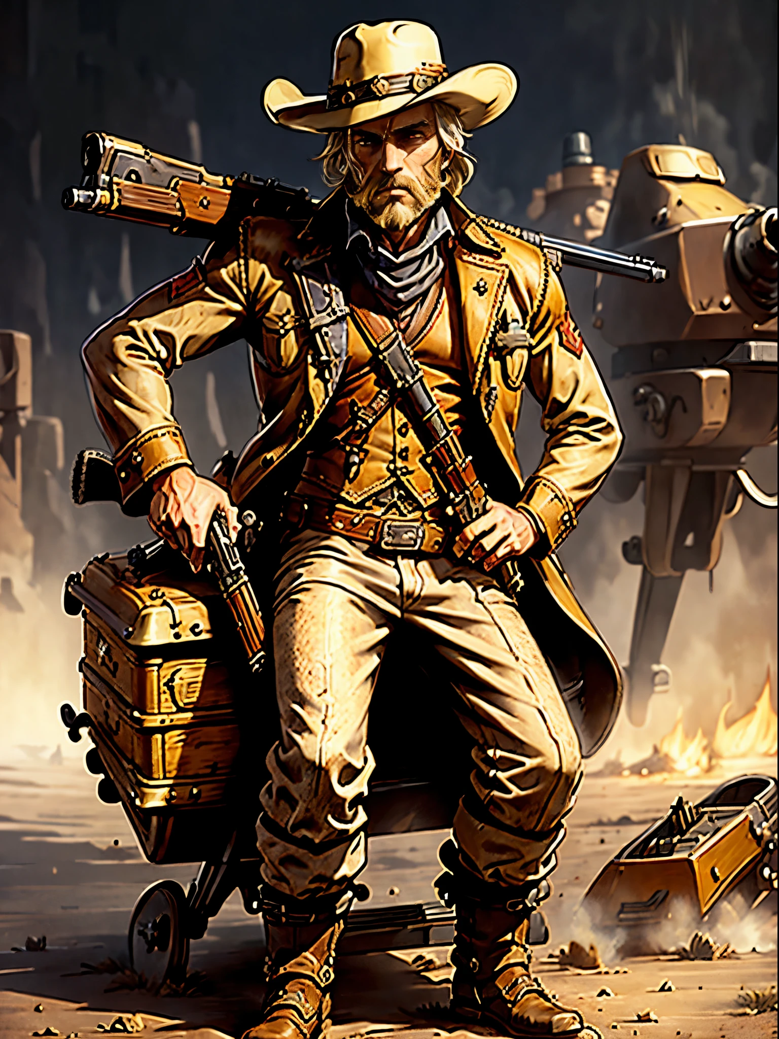 1man, male focus, western outlaw, sitting on a rocket sled, blonde hair, medium hair, grey eyes, scruff beard, (holding a weapon, leveraction, antique firearm), solo, spaghetti western art style, full body shot