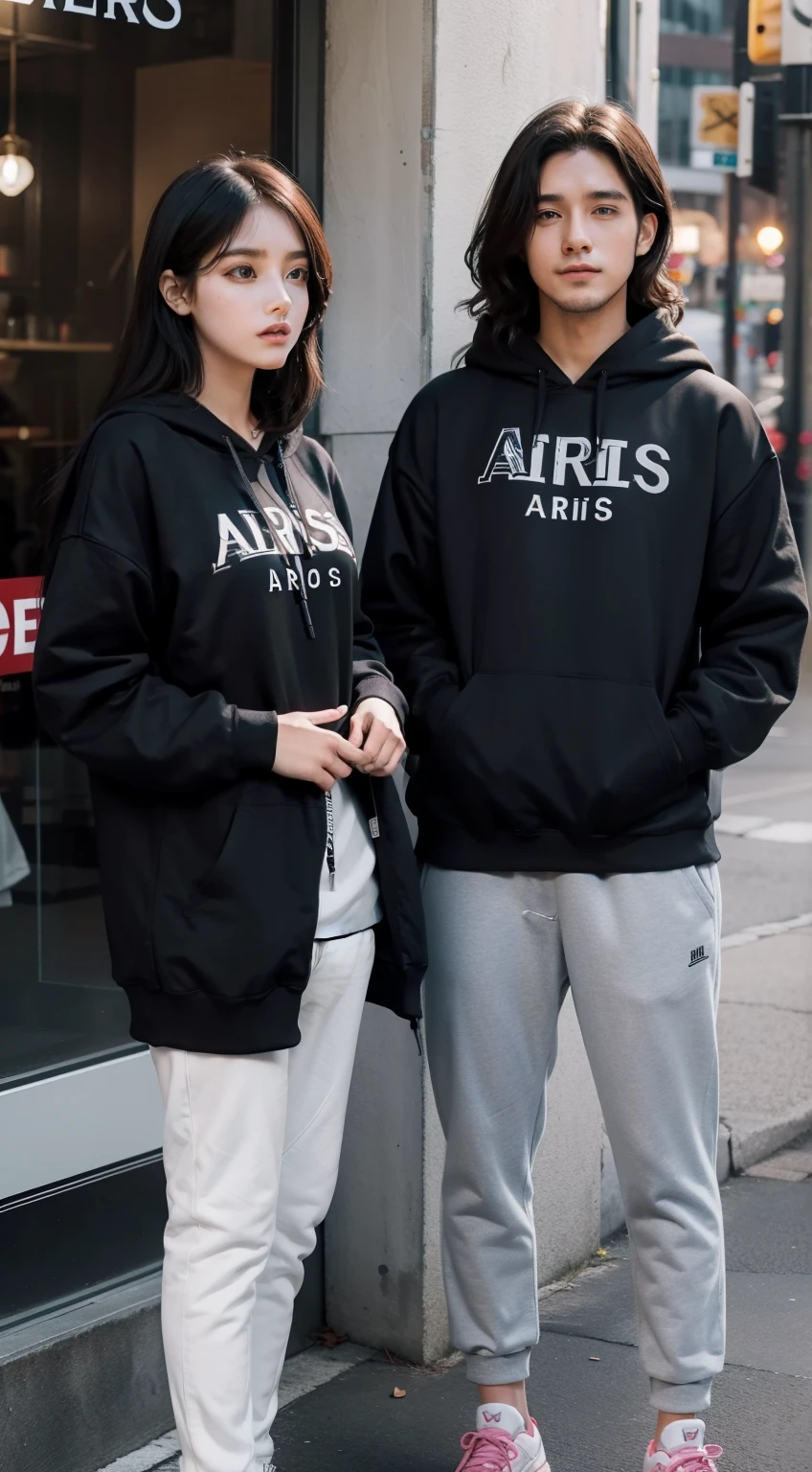 boy 30 years old and girl 25 years old long hair wearing hoodie text " ARIES "
