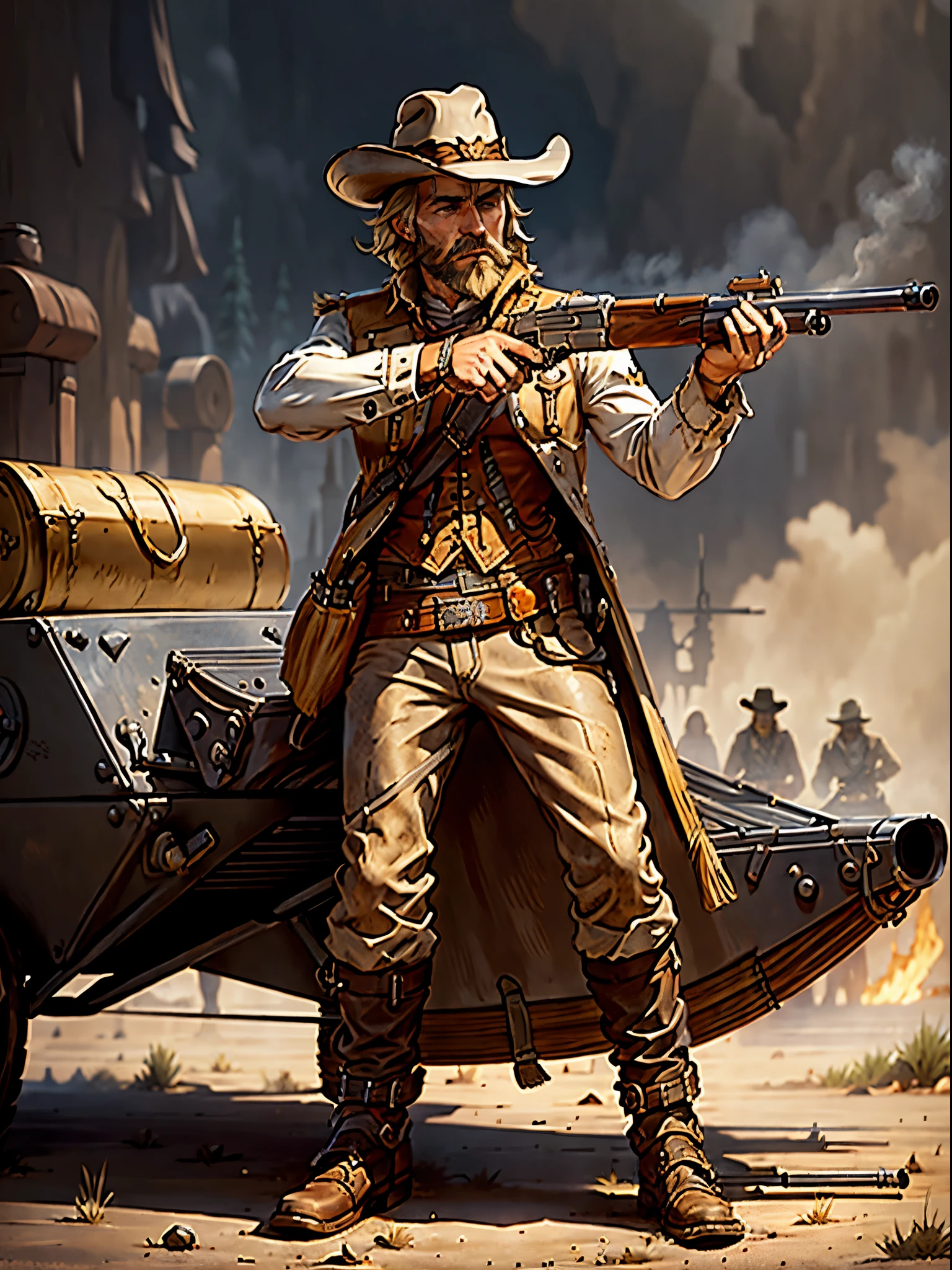 1man, male focus, western outlaw, sitting on a rocket sled, blonde hair, medium hair, grey eyes, scruff beard, (holding a weapon, leveraction, antique firearm), solo, spaghetti western art style, full body shot