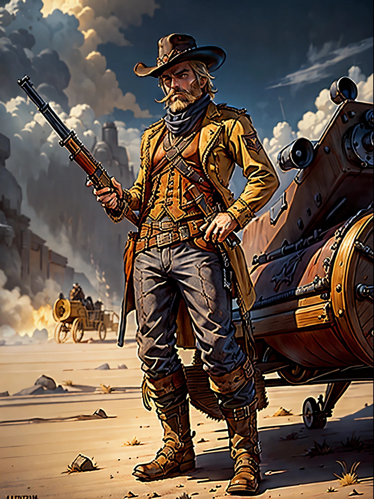 1man, male focus, western outlaw, sitting on a rocket sled, blonde hair, medium hair, grey eyes, scruff beard, (holding a weapon, leveraction, antique firearm), solo, spaghetti western art style, full body shot