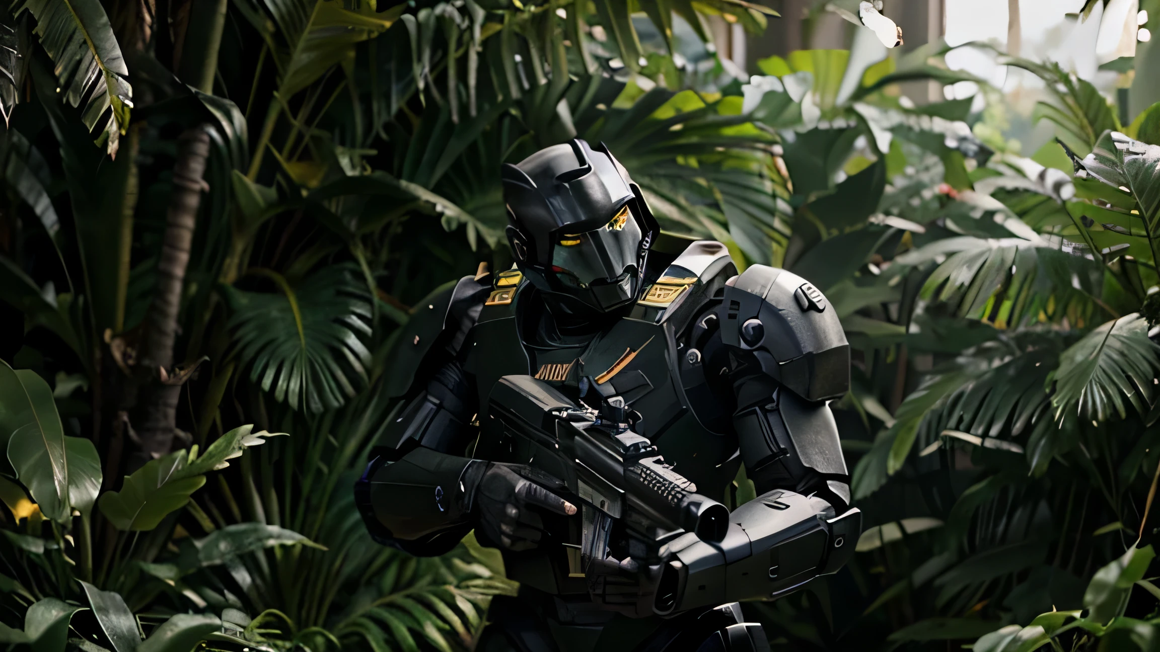 Black elit war robot with gun trying to get throw a jungle, cinematic, sunshine,