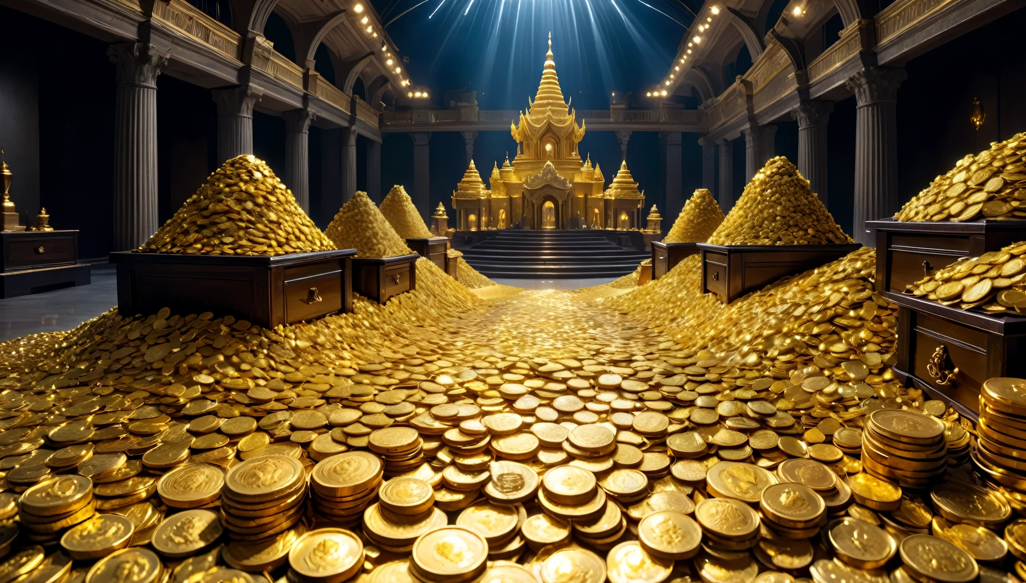 (best quality, 8k, panoramic view, masterpiece), pile of glittering treasures, Golden coins, precious artifacts,