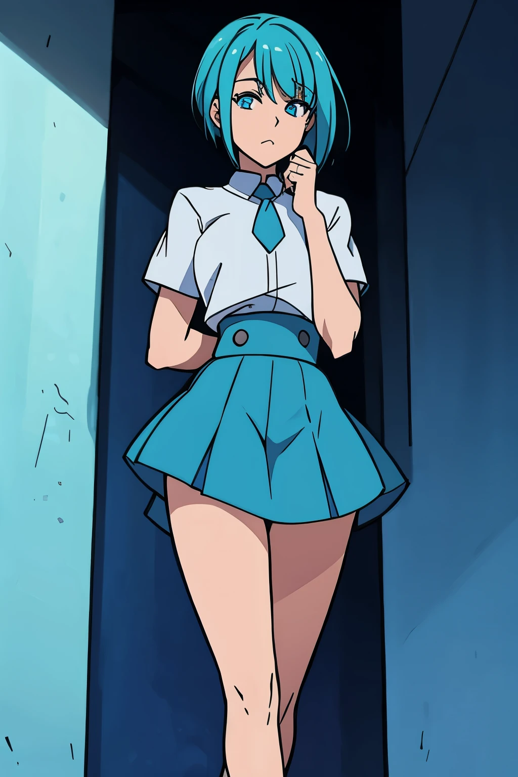 one girl bare breasts short blue hair high resolution skirt　revealing clothes,