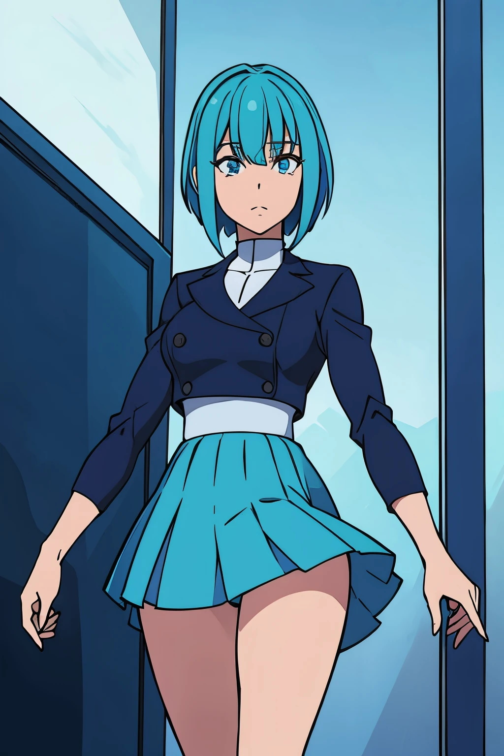 Cyan, standing , two tone hair,skirt,high quality,4k,
