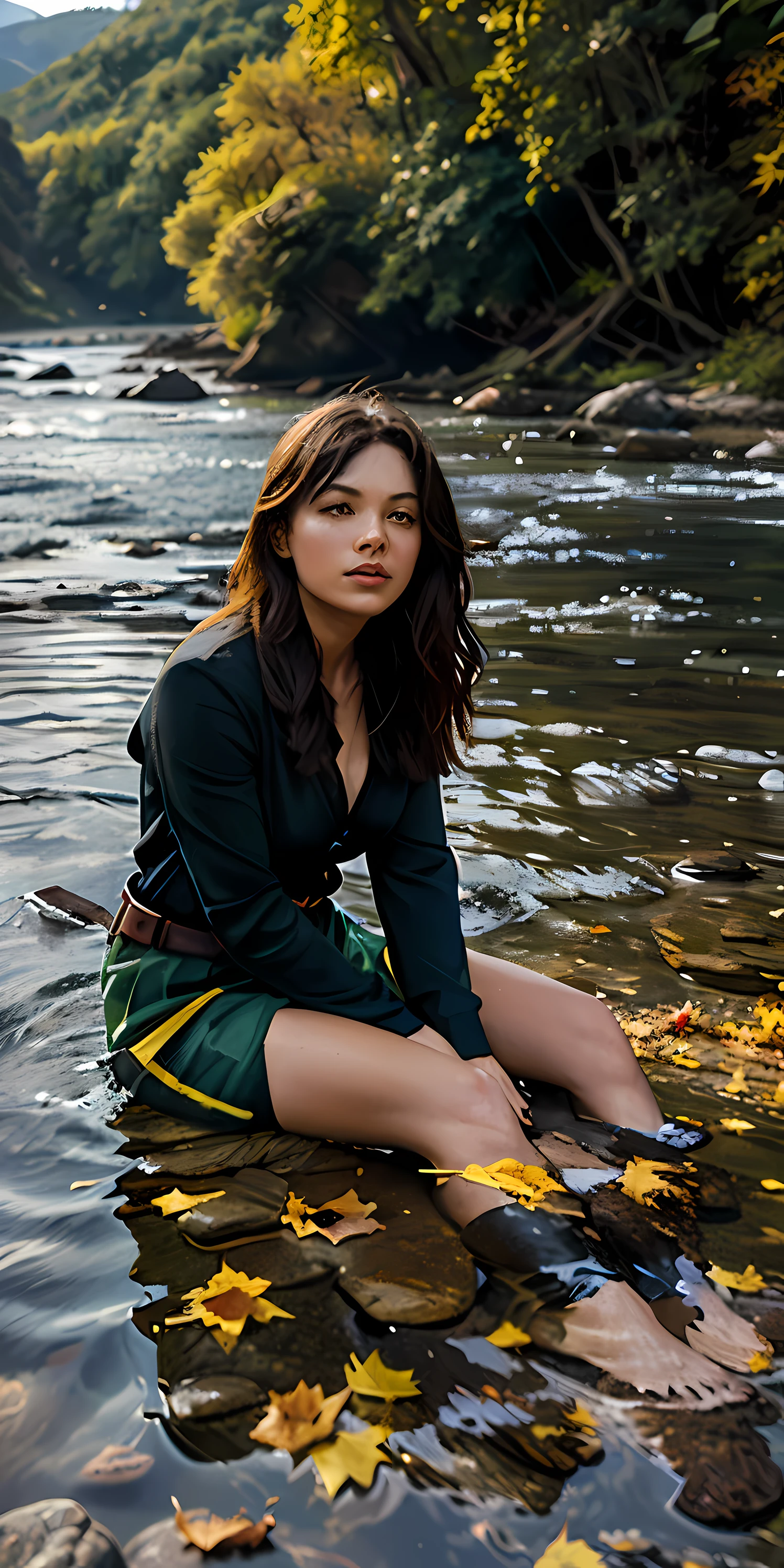 (1 girl, sitting on stones), (great rivers, imposing, rushing currents, waves lapping against stones on the shore), (mountains, towering, majestic, continuous, vegetation cover), (fallen leaves, flying fallen leaves, yellow fallen leaves, withered fallen leaves, green fallen leaves, a lot of fallen leaves), masterpiece, 4k, high resolution, super detailed, rich in detail