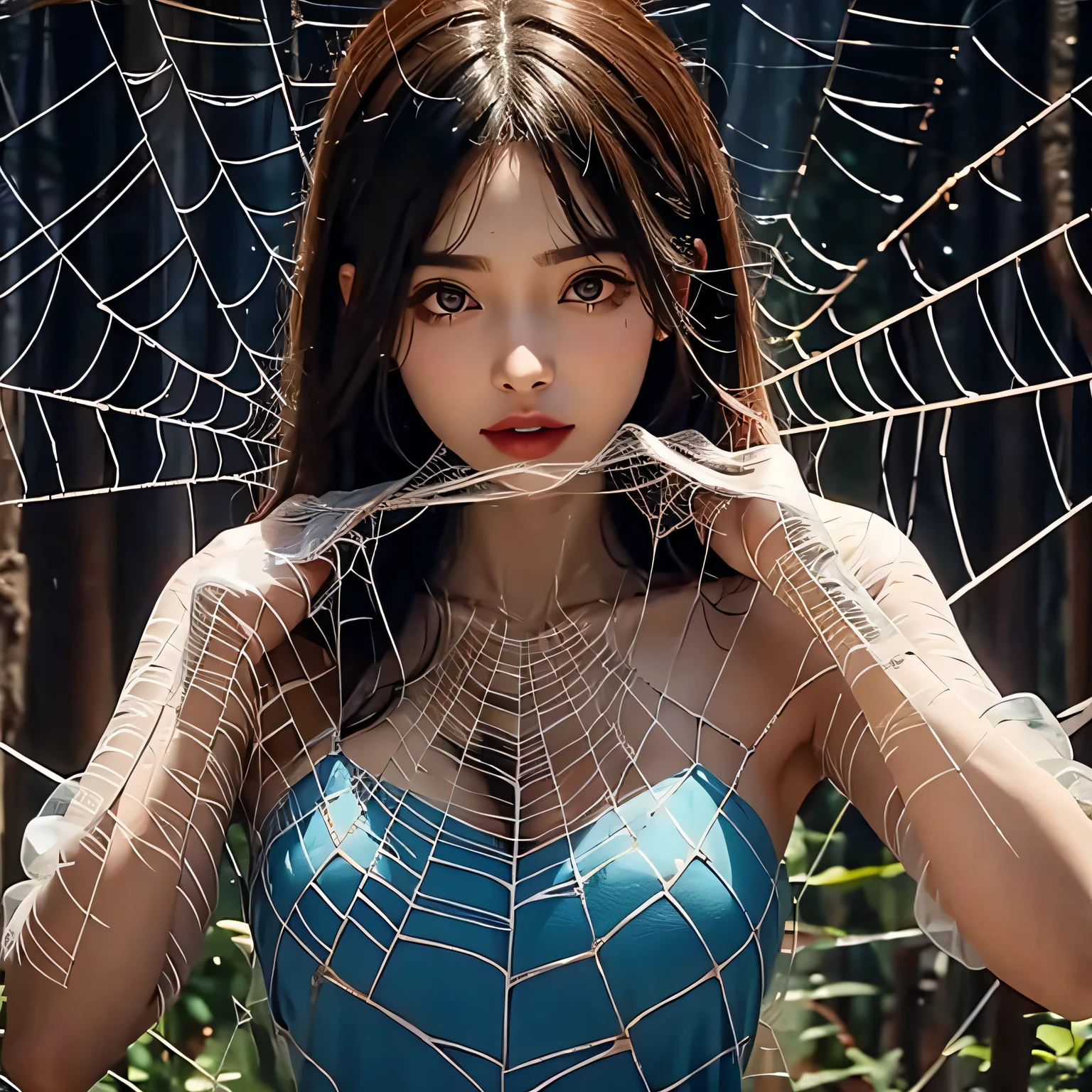 a girl completely entangled in the spider's web