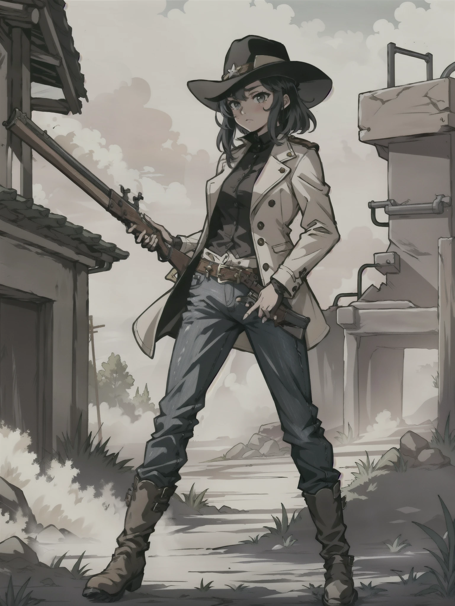 spaghetti western art style, masterpiece, extremely detailed, 1girl, solo, solo focus, alien, black hair, hazel eyes, cowboy hat, jeans, cowboy boots, leather gloves, underground, base city sewers, mature lady, holding weapon, leveraction, antique firearm, trigger discipline, side view