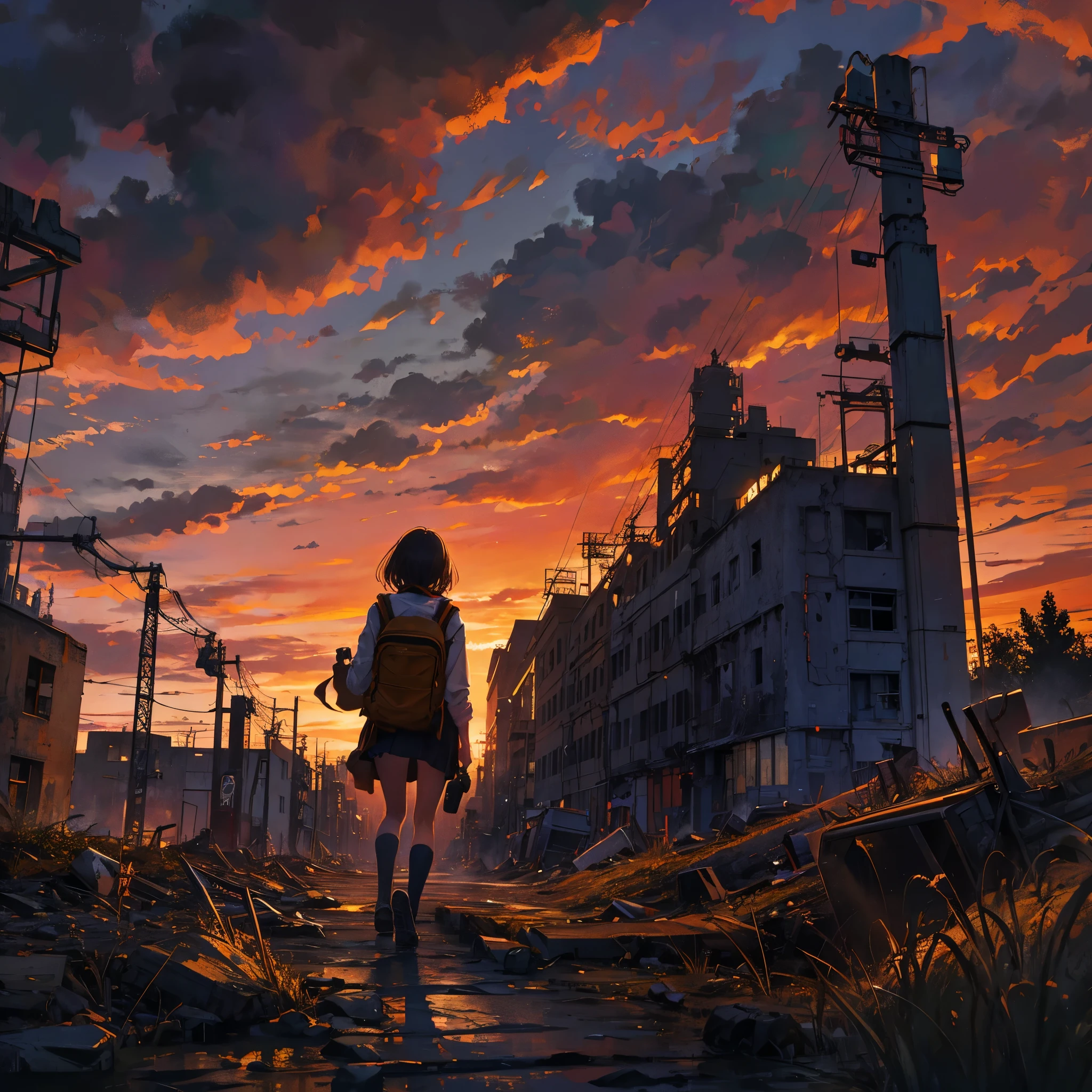 8K, highest quality, A ruined factory, a wasteland, a girl traveling, carrying a backpack, a fantastic sunset